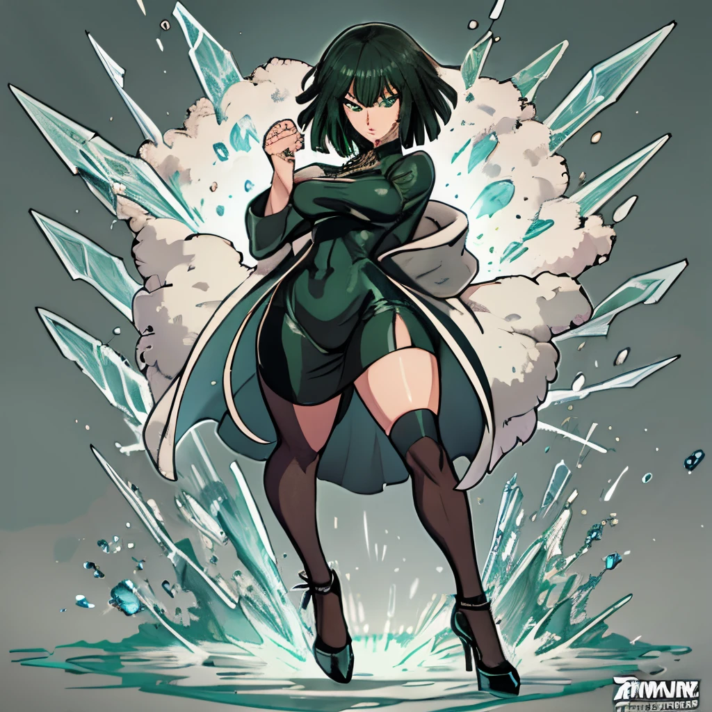 high quality, extremely detailed, perfect face, masterpiece, 1girl, solo, fullbody commission for, (Fubuki \(one punch man\):1.3), Transparent clothes, green-black short hair, long sleeved black latex longest dress, Plump thighs, clamping thighs, thick thighs, wide hips, slender waist, black skirt, pelvic curtain, white fur coat, necklace, large breasts, heel shoes,