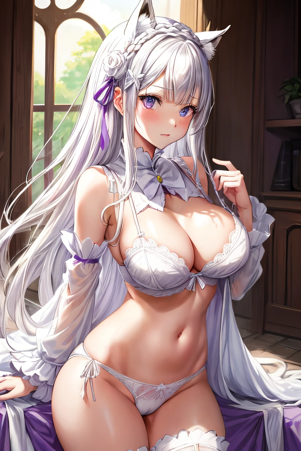 Emilia Re:Zero, white hair, white crown braid, purple ribbons in hair, white flower in hair, white lingerie, x hair ornament, purple eyes, long hair, medium breasts, fox ears, fox girl, 1girl, solo, 

(masterpiece:1.1), (best quality:1.1), (ultra-detailed:1.1), (illustration:1.1), medium breasts, one piece lingerie, bra, panties, camel toe, lacy white lingerie, cleavage cutout, midriff, looking at viewer, cowboy shot, blushing