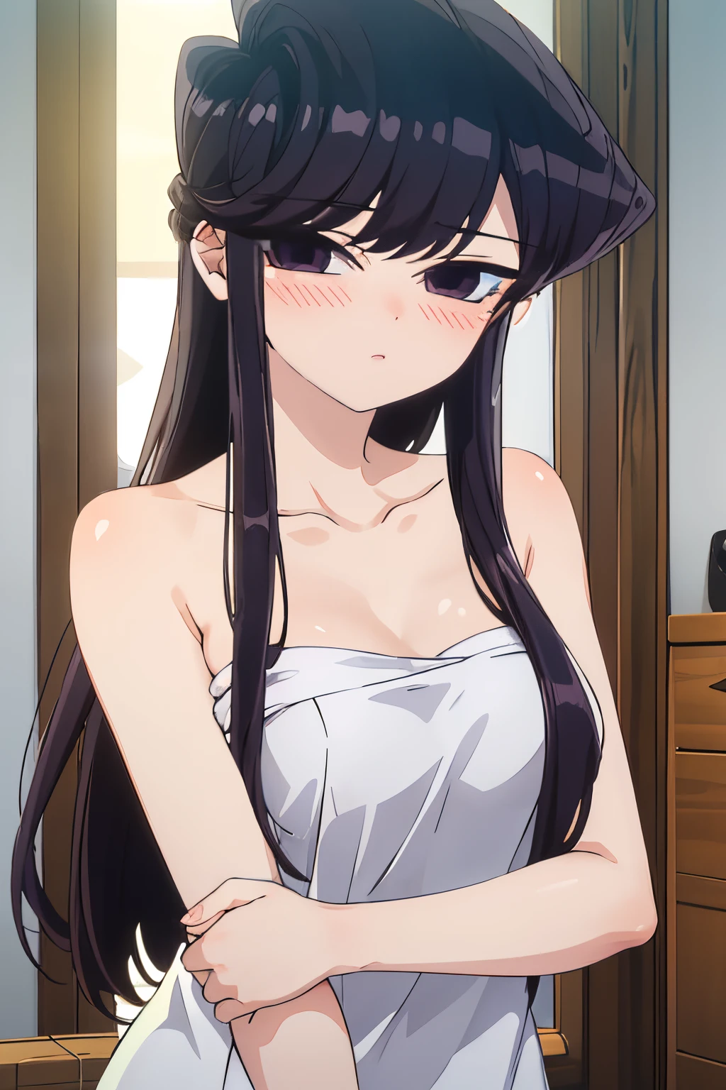 shokokomidef, purple hair, purple eyes, long hair,
looking at viewer, blush, bangs, towel, collarbone, breasts, naked towel, bare shoulders, upper body, warm light, hotsprings
masterpiece, best quality, clear eyes, perfect eyes