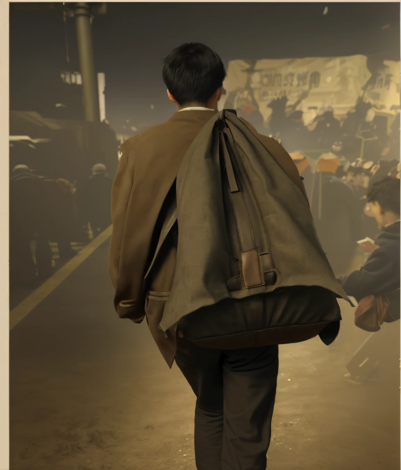 At the factory gate，The back view of a boy carrying a sack in the crowd