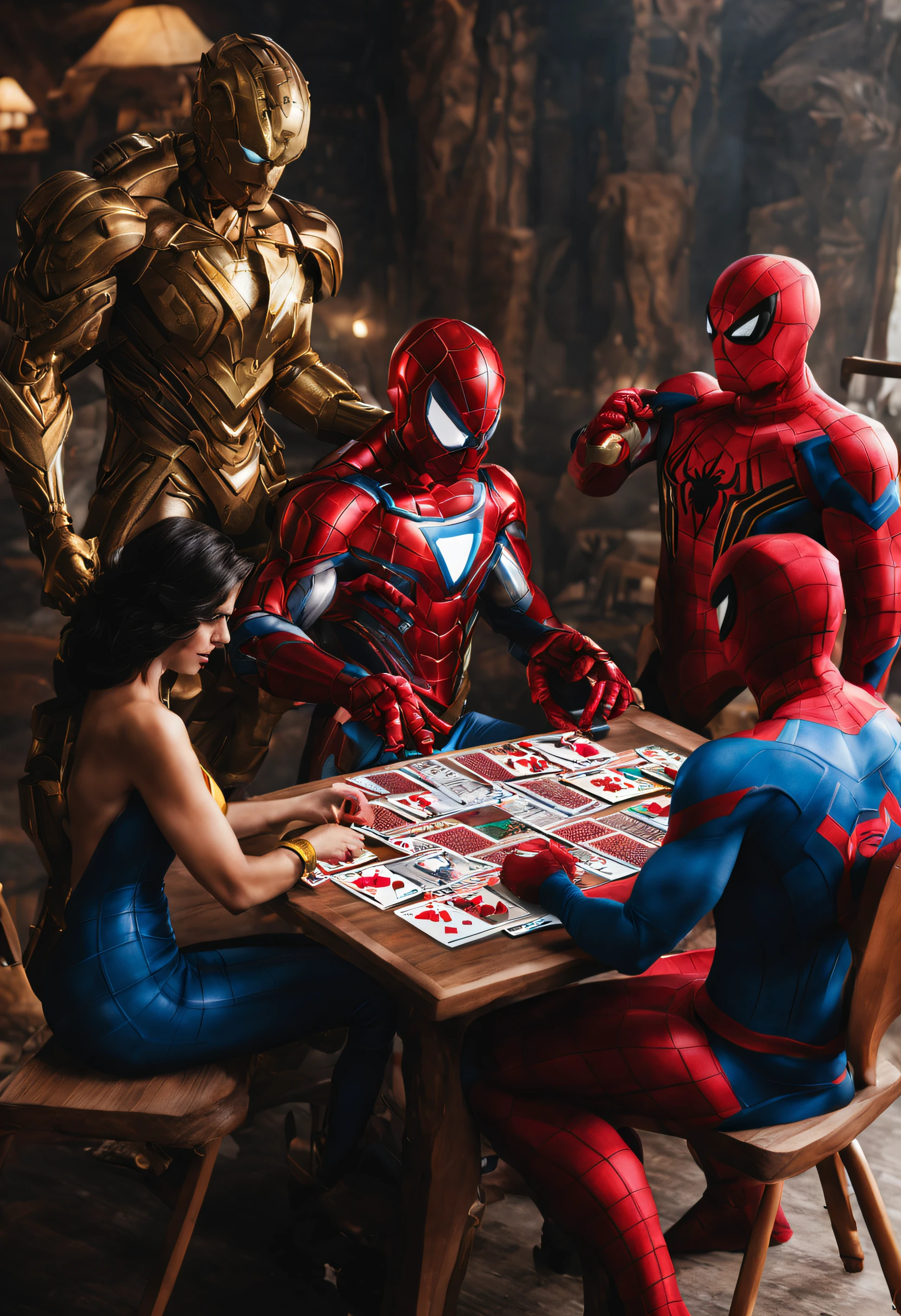 goku playing cards together with spider man, wonder woman and iron man in a realistic setting