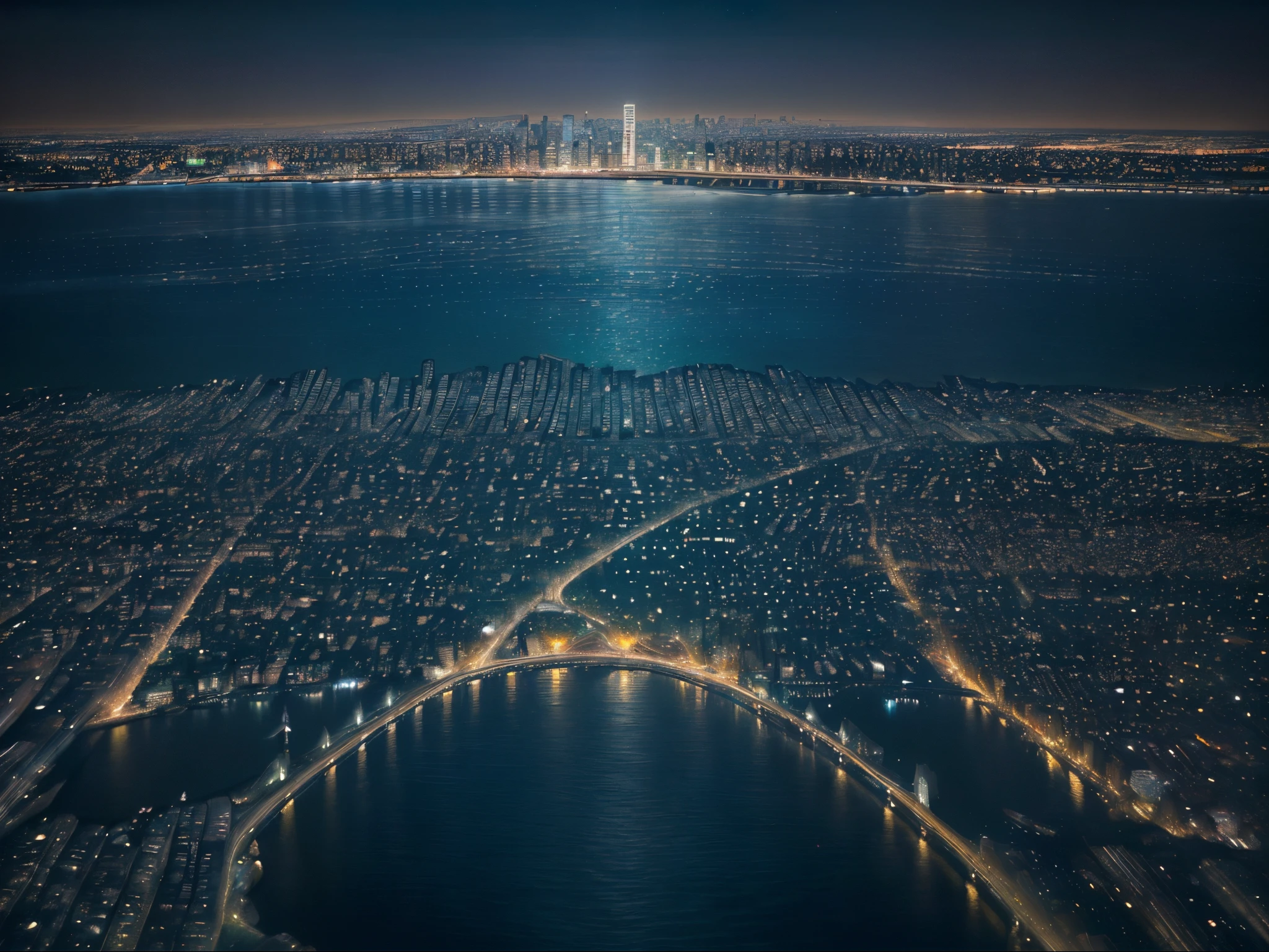 Coastal city lights at night, a mesmerizing sight adorned with sparkling luminescence reflected upon the dark waters. This exquisite image, reminiscent of a vibrant photograph, captures the sprawling urban landscape nestled by the glimmering seashore. The vibrant city's lights, a dazzling array of colors, paint the night sky with a tapestry of illuminated buildings, bridges, and streetlights. Every detail, meticulously preserved in this high-quality image, accentuates the ethereal beauty and dynamic energy of the city's nocturnal charm.