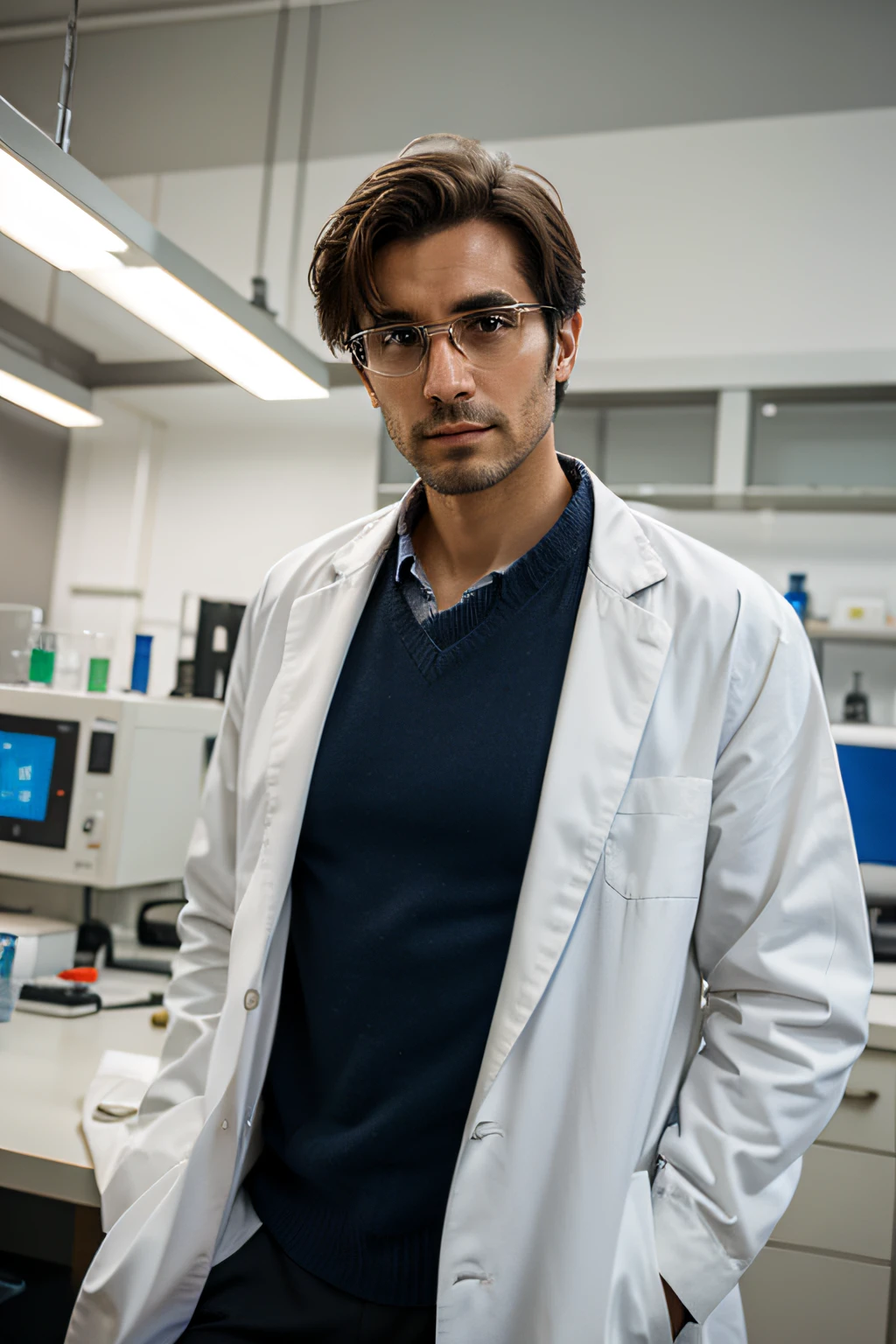 a man in a lab coat staring at the camera