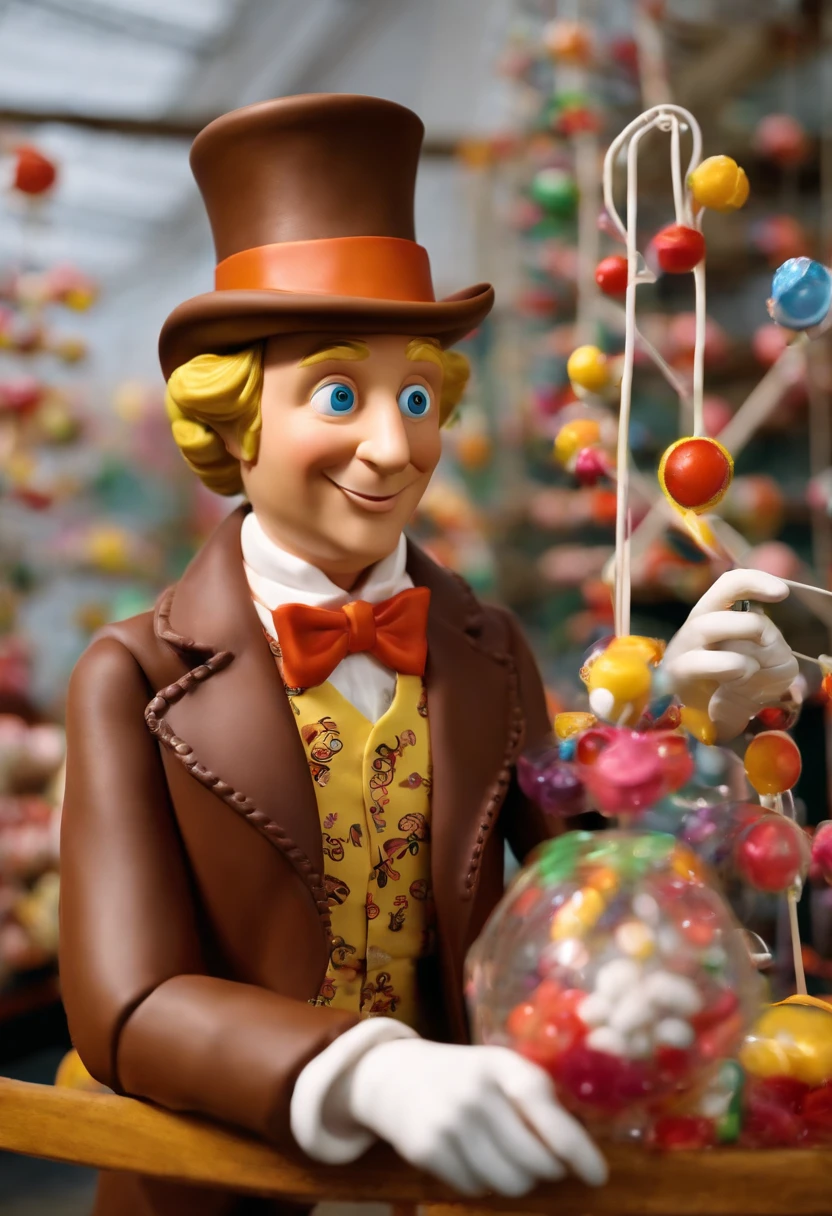A captivating video of a magical candy sculpture being delicately crafted by skilled artisans.,Charlie and the Chocolate Factory,Willy Wonka, the eccentric chocolate factory owner in Roald Dahl’s novel and its film adaptations, is known for his flamboyant and whimsical style. He typically sports a top hat, a brightly colored, tailored suit, and a bow tie, embodying his quirky and unconventional character. Wonka’s attire often includes a cane and whimsical accessories that add to his mysterious and playful persona. His bright eyes and enigmatic smile contribute to his charismatic yet unpredictable appearance.