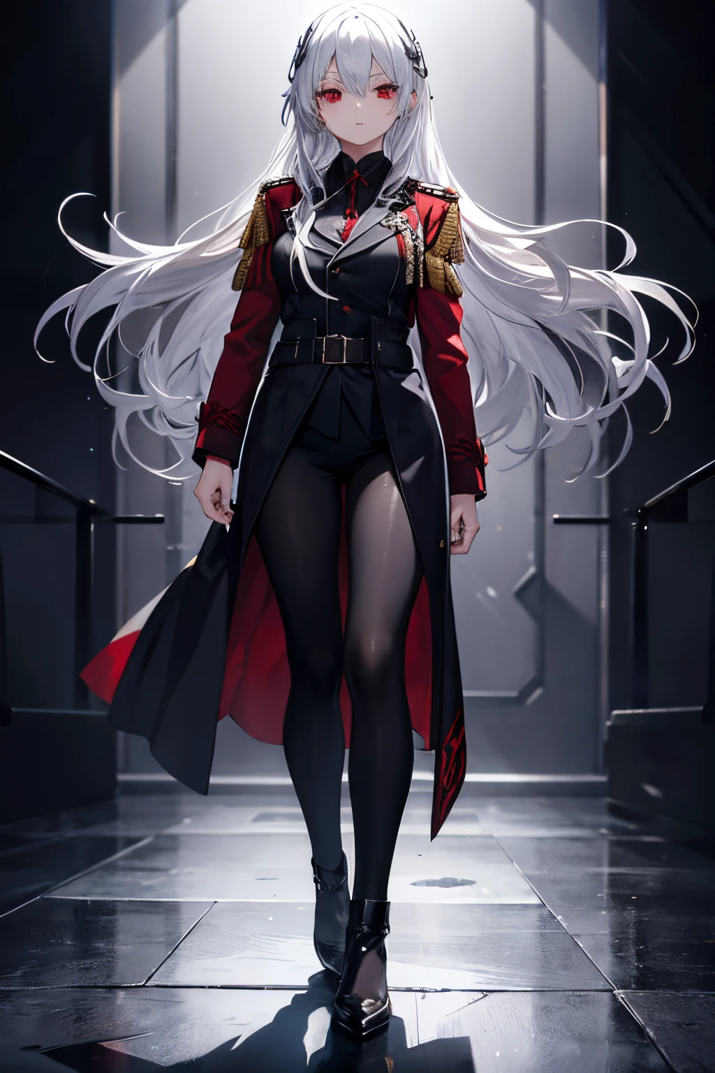 1 girl, silver hair, red eyes, vampire type, adult, military clothing, full body