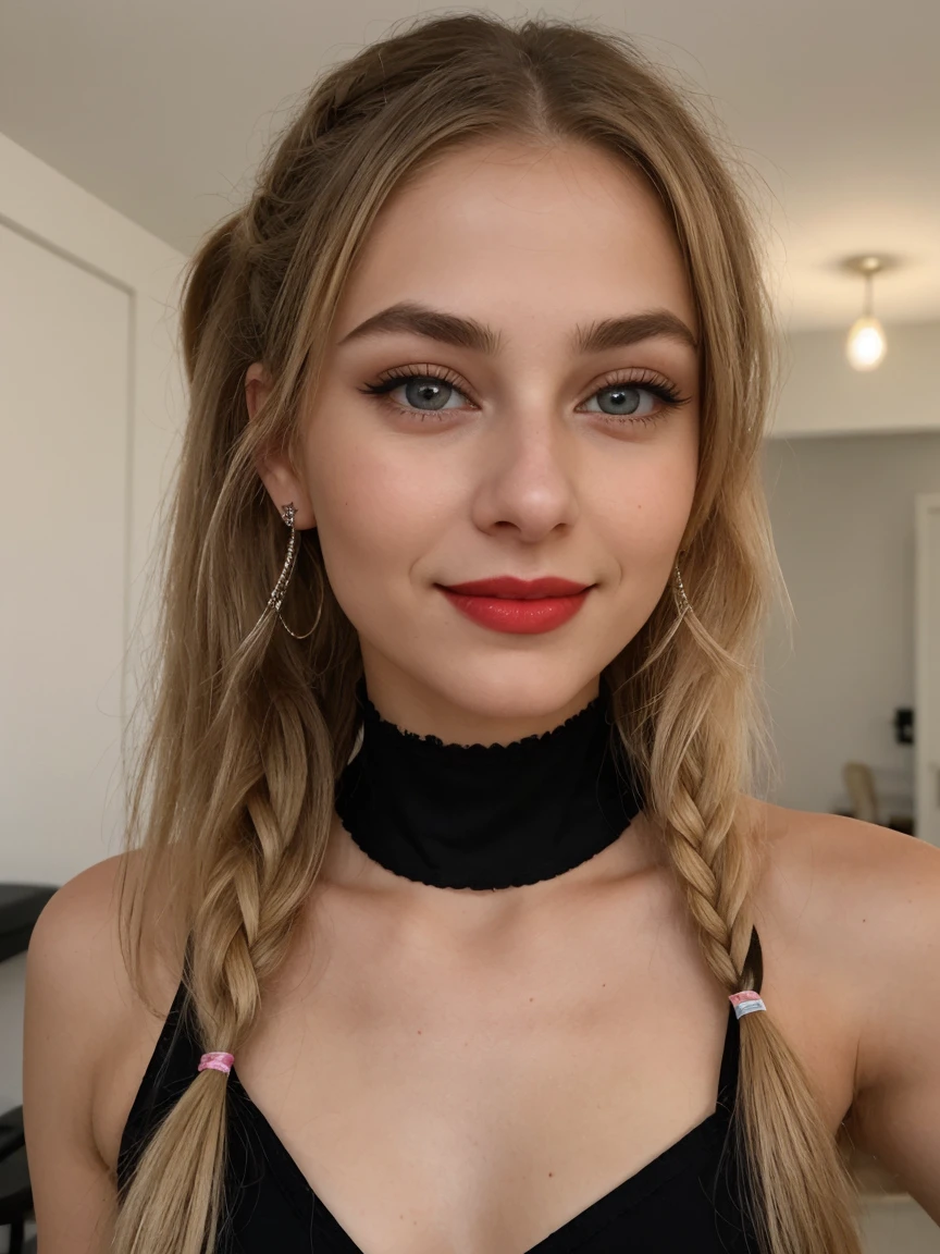 blonde 19 year old woman up close selfie, thin-black-string-silky-bra, perky athletic C cups,  blue eyes, smiling eyes, smiling cheeks, dimples, smiling eyebrows, smiling eyelashes Hypertrichosis of the eyebrows, wide sly duckface, super thick eyelashes, super long eyelashes, hair-extensions, looking directly at camera, indoor background, straightened hair, braided half pony tail, black choker, Charli D' Amelio, Brett Cooper, dark red lipstick, diamond nose ring, cheek mole