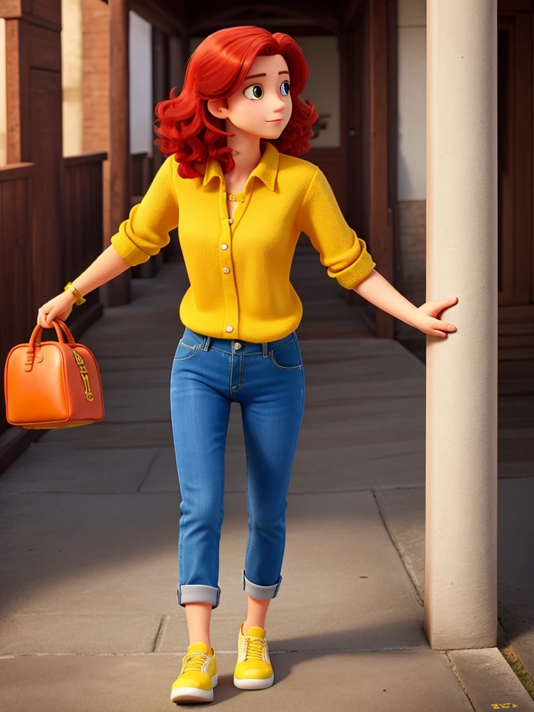 red hair, yellow trousers, blue shoes