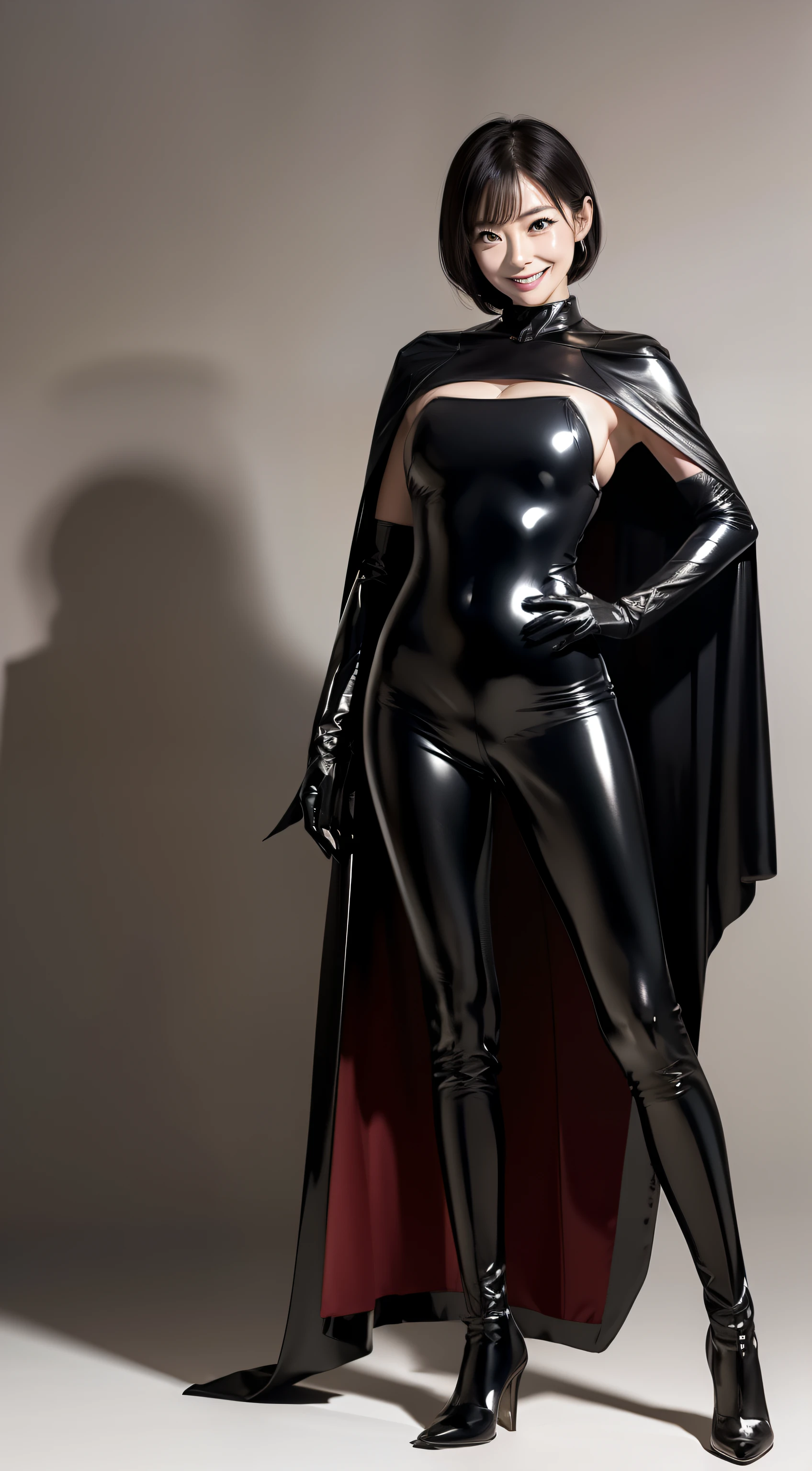 A middle-aged woman with fair skin, wearing a black latex jumpsuit and a black cape, standing on high heels.