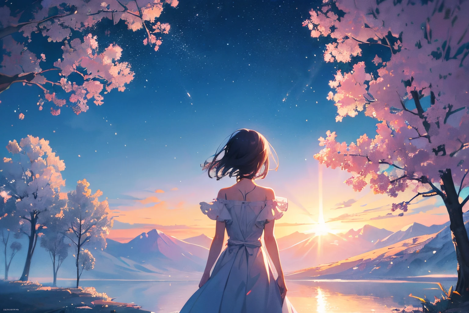 Create exquisite illustrations reminiscent of Makoto Shinkai's style, It has ultra-fine details and top-notch quality. Create a high-quality illustration that depicts the enchanting beauty of a morning where diamond dust reflects the first light of dawn. The scene should feature a girl captivated by this mesmerizing spectacle, contributing to a breathtaking landscape. Infuse the entire artwork with an ethereal and intricate atmosphere, ensuring a top-tier illustration that conveys the magical moment when diamond dust sparkles in the morning sun.