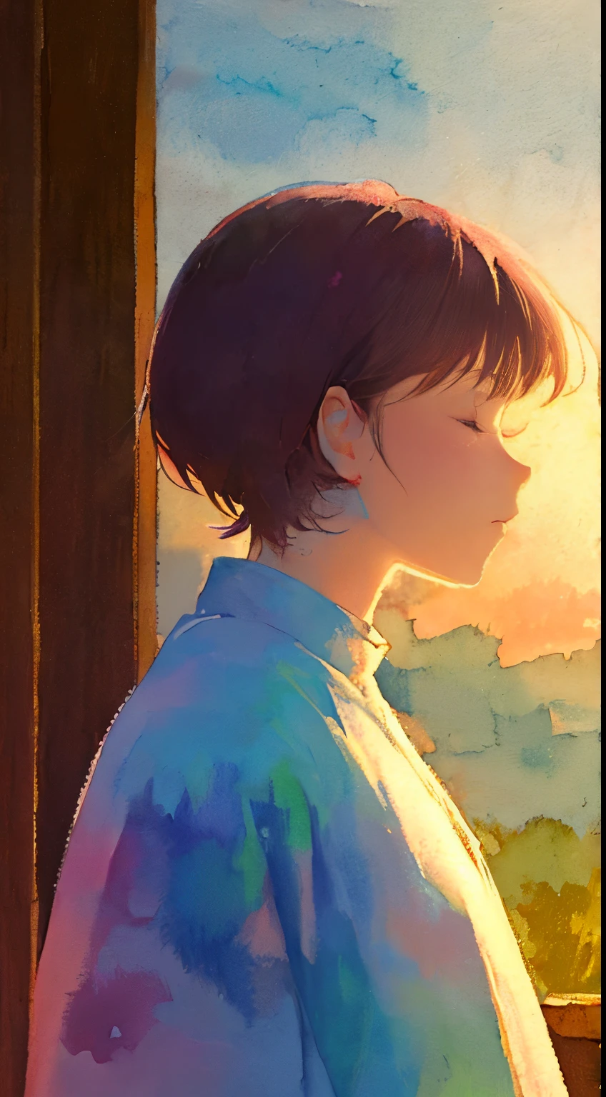watercolor paiting、Pale shades、Beautiful colors、parfect anatomy、cowboy shot、Close your eyes、girl with'profile、、Cute little girl s