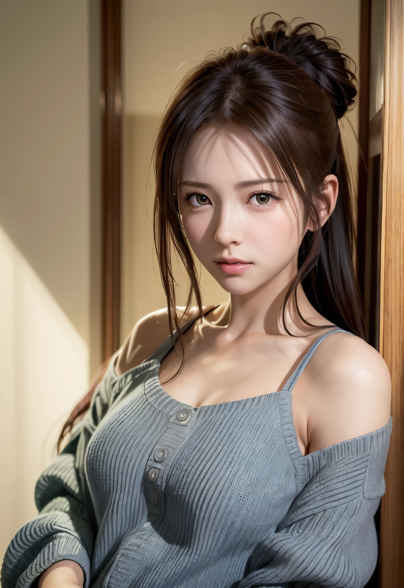 8K, of the highest quality, masutepiece:1.2), (Realistic, Photorealsitic:1.37), of the highest quality, masutepiece, Beautiful young woman, Embarrassed look, Hair tied back, Kamimei、Messy mood, Cinematic background, Tired, Light skin tone