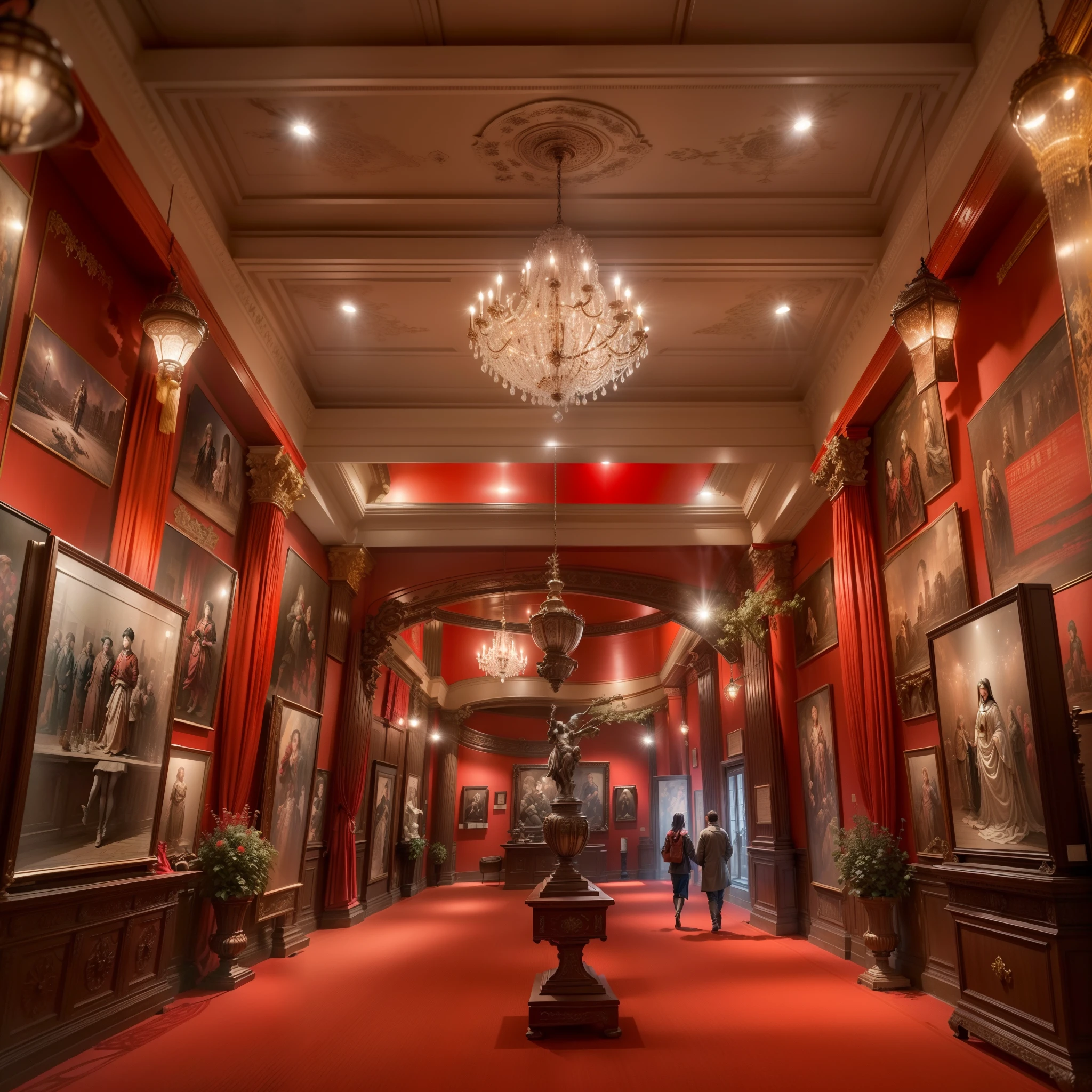 High-detail RAW color photography, (Best quality at best, (highdetailskin:1.2), 8K UHD, Digital SLR, RAW photo), Military museum interior design, (red soviet theme:1.4),A very large museum,(Large depth of field, Shot with Sony a9 II, (50mm wide angle lens:1.4), Sharp focus),(Red and,Party culture propaganda,wall display cabinet,Middle stage showcase,book display,Elegant LED and pendant lighting, Emphasis on the richness of the Red Soviet theme style, Historical prints on the wall,Intricate details on the walls, Magnificent atmosphere, And the overall gorgeous atmosphere of the space. Create an image that exudes luxury, Comfort, Perfect harmony of elements, Make it an outstanding representative of the museum,(The is very detailed, hyper-detailing, entangled), (Lens glare: 0,7), (full bloom: 0,7), particle effect, Ray traching, 电影灯光,