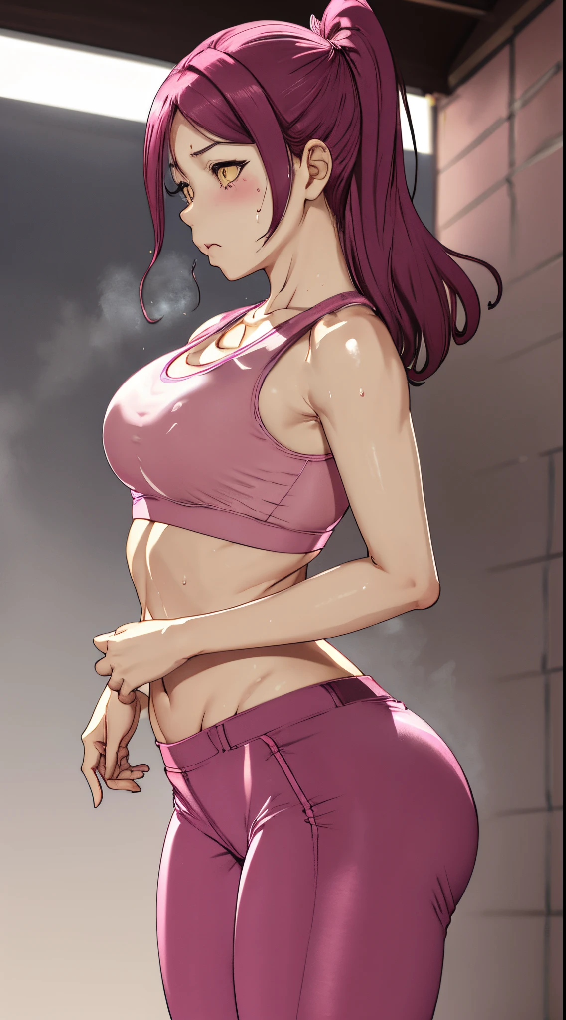 Sakurauchi riko, pink skinny sweet pants, tight gym bra, sweating,sweat drops ,yellow eyes,(thicc legs:0.8), standing, (thicc hip:0.8),(thin waist:1.1), (from side:0.8)