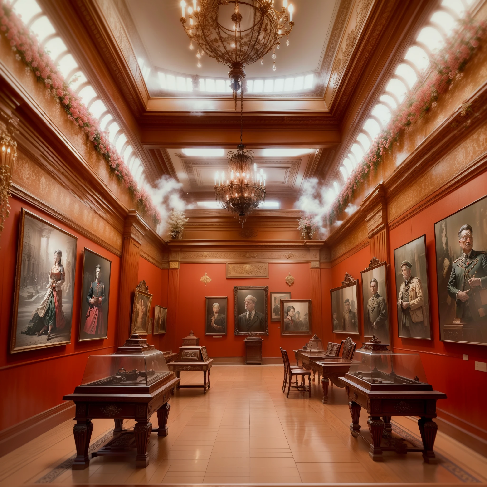 High-detail RAW color photography, (Best quality at best, (highdetailskin:1.2), 8K UHD, Digital SLR, RAW photo), Military museum interior design, (red soviet theme:1.4),A very large museum,(Large depth of field, Shot with Sony a9 II, (50mm wide angle lens:1.4), Sharp focus),(Red and,Party culture propaganda,wall display cabinet,Middle stage showcase,book display,Elegant LED and pendant lighting, Emphasis on the richness of the Red Soviet theme style, Historical prints on the wall,Intricate details on the walls, Magnificent atmosphere, And the overall gorgeous atmosphere of the space. Create an image that exudes luxury, Comfort, Perfect harmony of elements, Make it an outstanding representative of the museum,(The is very detailed, hyper-detailing, entangled), (Lens glare: 0,7), (full bloom: 0,7), particle effect, Ray traching, 电影灯光,