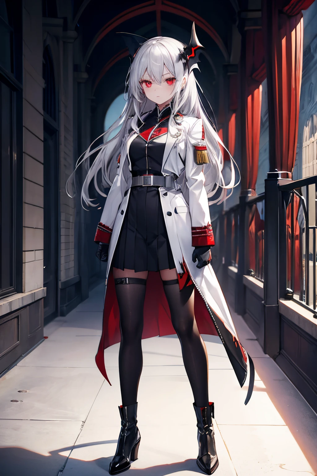 1 girl, silver hair, red eyes, vampire type, adult, military clothing, full body