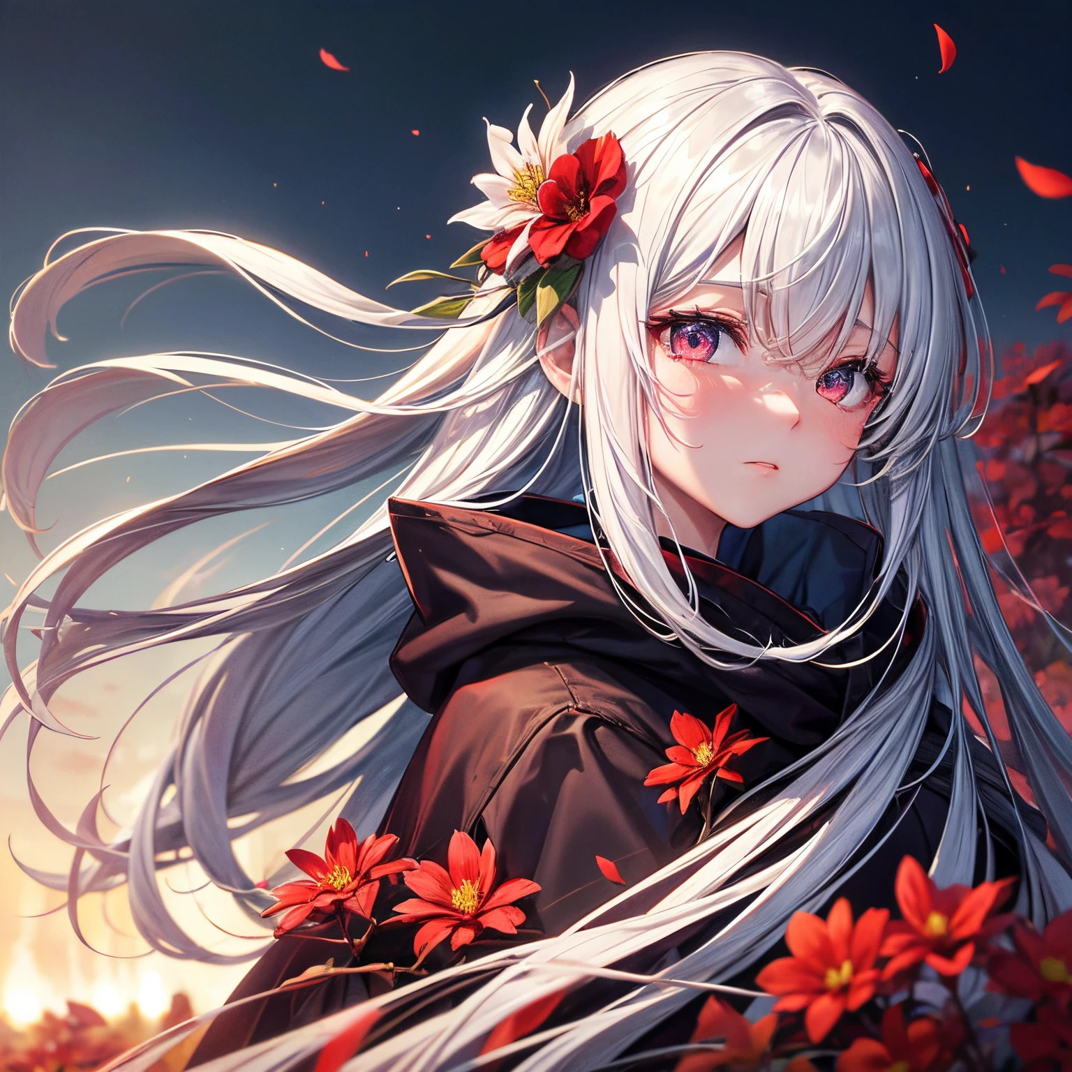 1个Giant Breast Girl,Alone,1个Giant Breast Girl,Alone,((美丽细致的眼睛)), (detailedlight),depth of fields,(White hair),Silver Eyes,hair covering one eye,(red flower ), hairflower,long whitr hair,a black cloak,Wet with,Without feelings,back to look back,the night,Starfall,rained,Foggy sections,red flowers falling,a sketch,The upper part of the body,intense shading,