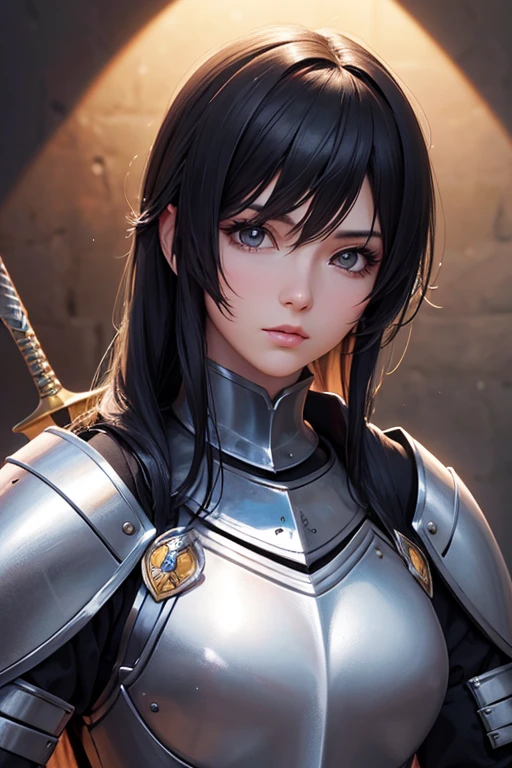 a close up of a woman in armor with a sword, portrait of female paladin, portrait knight female, girl in knight armor, beautiful female knight, gorgeous female paladin, female knight, of a beautiful female knight, portrait knights of zodiac girl, armor girl, female paladin, fantasy paladin woman, picture of female paladin, dressed in light armor, black hair, looking ath the viewer, Anime, Anime art germ, Anime styled digital art, realistic anime, 3d anime, Extremely detailed.