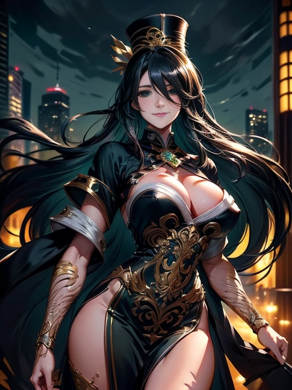 8k_wallpaper, extremely detailed eyes, extremely detailed body, (large masterpiece digital art), (detailed manga illustration), (detailed line art), ((perfect anatomy)), (intricate details:1.3), (ultra-detailed:1.3), (illustration:1.3), (sharp focus:1.3), (natural lighting:1.05), (vivid colors:1.3), (masterpiece), (best quality:1.4), (perfect anatomy:1.4), high quality, expressive eyes, full body, detailed face, beautiful face, perfect face, 1girl, tan skin, smile, breasts, solo, black hair, large breasts, curvy, wide hips, long hair, ((green eyes)), grin, collar, dynamic pose, hair over eye, regal outfit, China dress, formal, tiny top hat, (cityscape background),