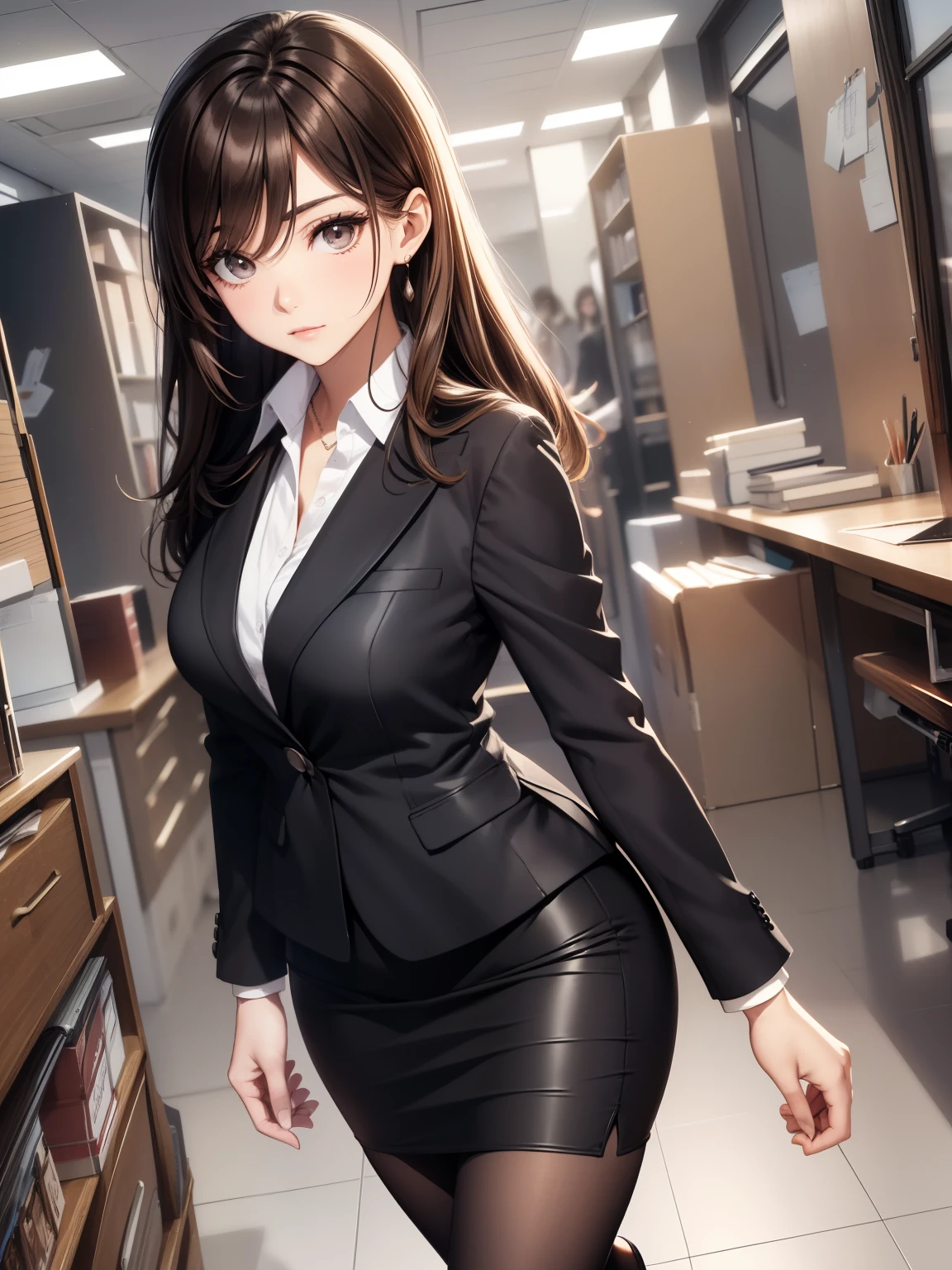 Best Quality, masutepiece, beautiful mature women、Beautiful face、Strong-minded woman、Officelady、brown haired、(Brown-eyed)、Longhaire、Undersized eyes、(((Black Pencil Skirt)))、magazine style、subject,FULL BODYSHOT、Female OL、BREAK(Office Clothes、Black Blazer、White cutter shirt、Black Long Pencil Skirt、with slit、Black tights、high-heels、Gray long coat)