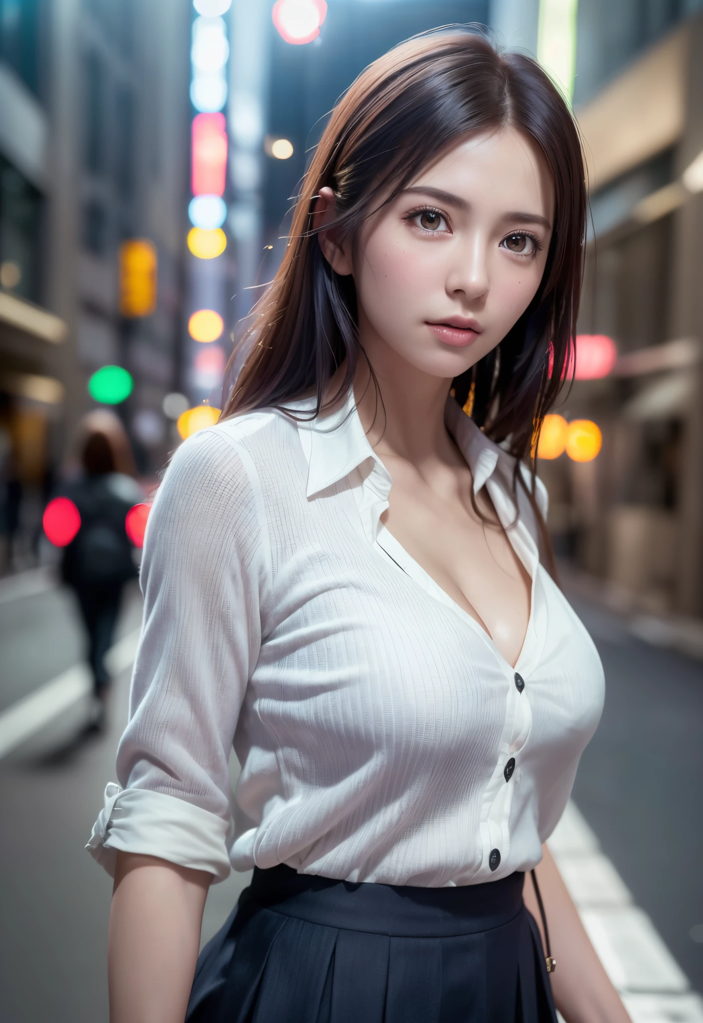 (((realistic photo shot))),, Portrait, (Face of fear:1.3),, Beautiful Girl, Looking at Viewer, , (School uniform:1.2), Shirt buttons and trousers, , (Big cleavage:1),, On Japan Street, (details in environment:1.3),, (Raw photo, cg unity, Photography, super realistic details, Sharp Focus, Detailed skin,4K, hight resolution, masutepiece, Best Quality, Realistic, Vibrant:1.2),, (8K,4K, nffsw, High resolution, Professional, Cinematic, movie, Dramatic),, (anamorphic depth of field blur background), Detailed background,