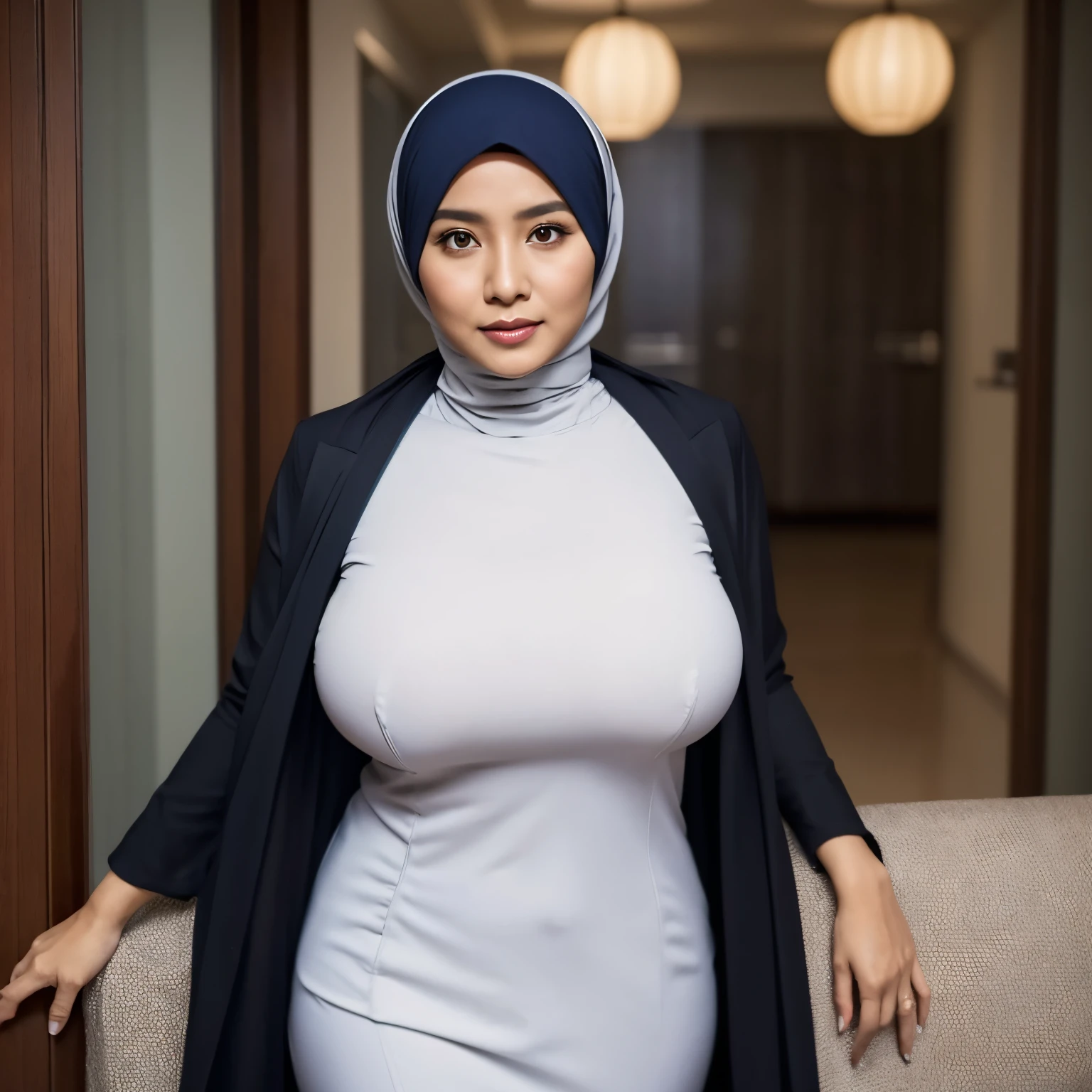 50 years Old, Hijab Indonesian mature woman, Big Tits : 18.9, doctor suit,curvy body, Breast about To burst out from her clothes, at doctor office, Dark light, at Nighttime.