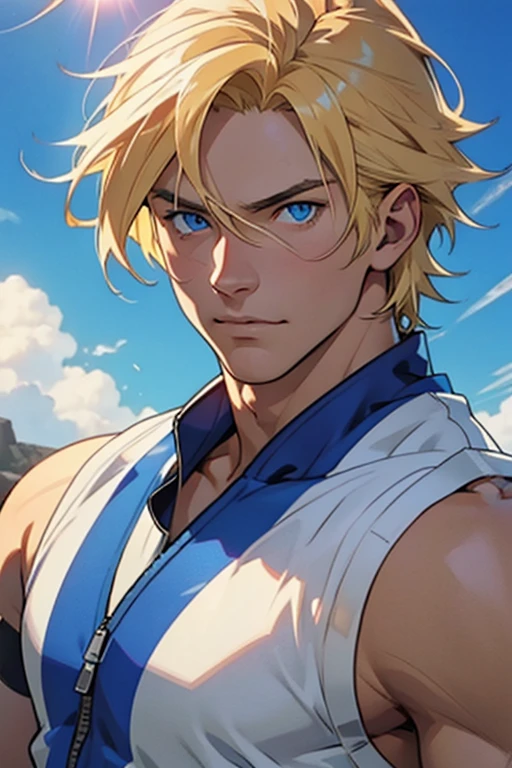 caucasian man, male, blue eyes, sunlight, blonde hair, jock Outfit, pretty, highly detailed, cinematic, epic, anime style