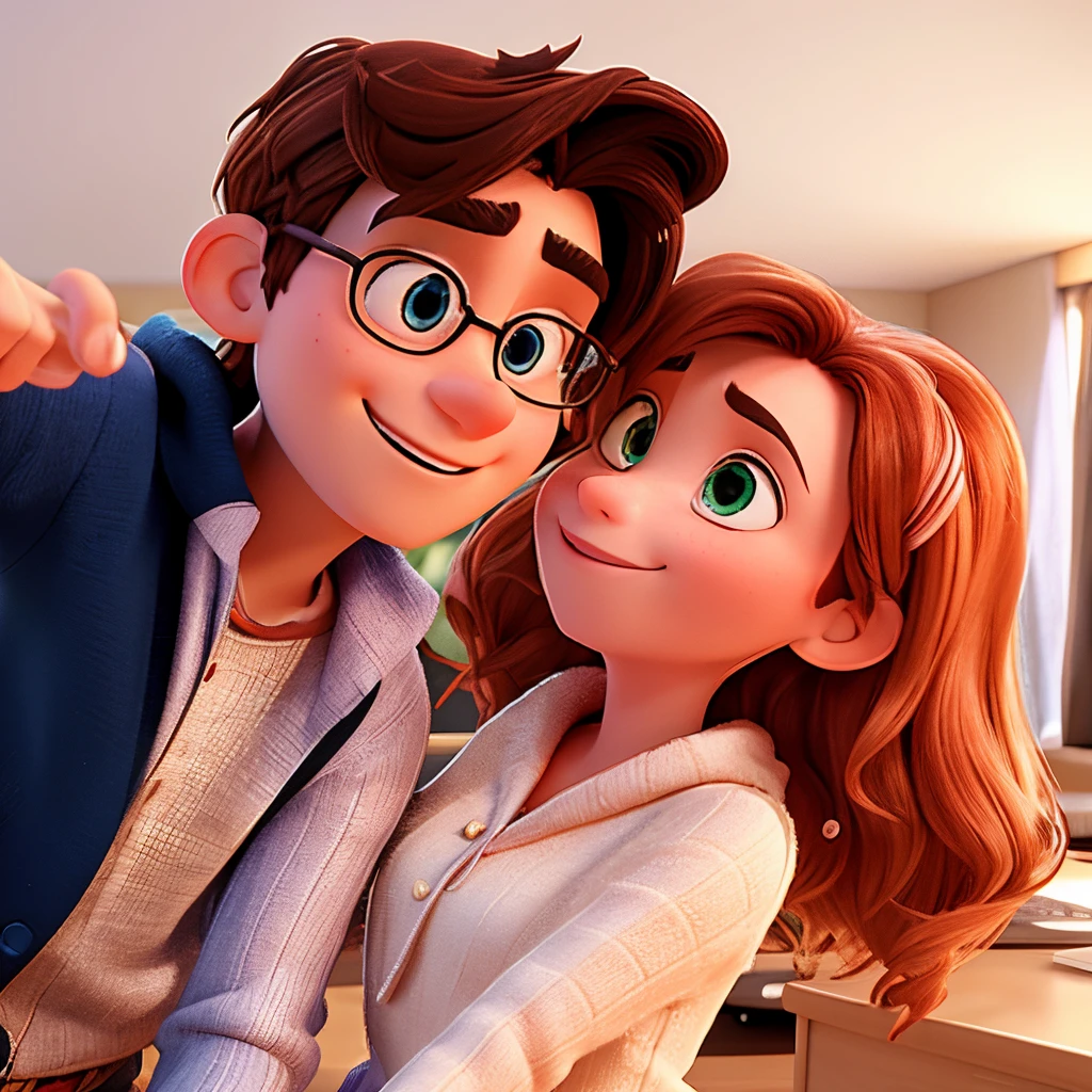 Pixar 3D render of a romantic couple taking a selfie