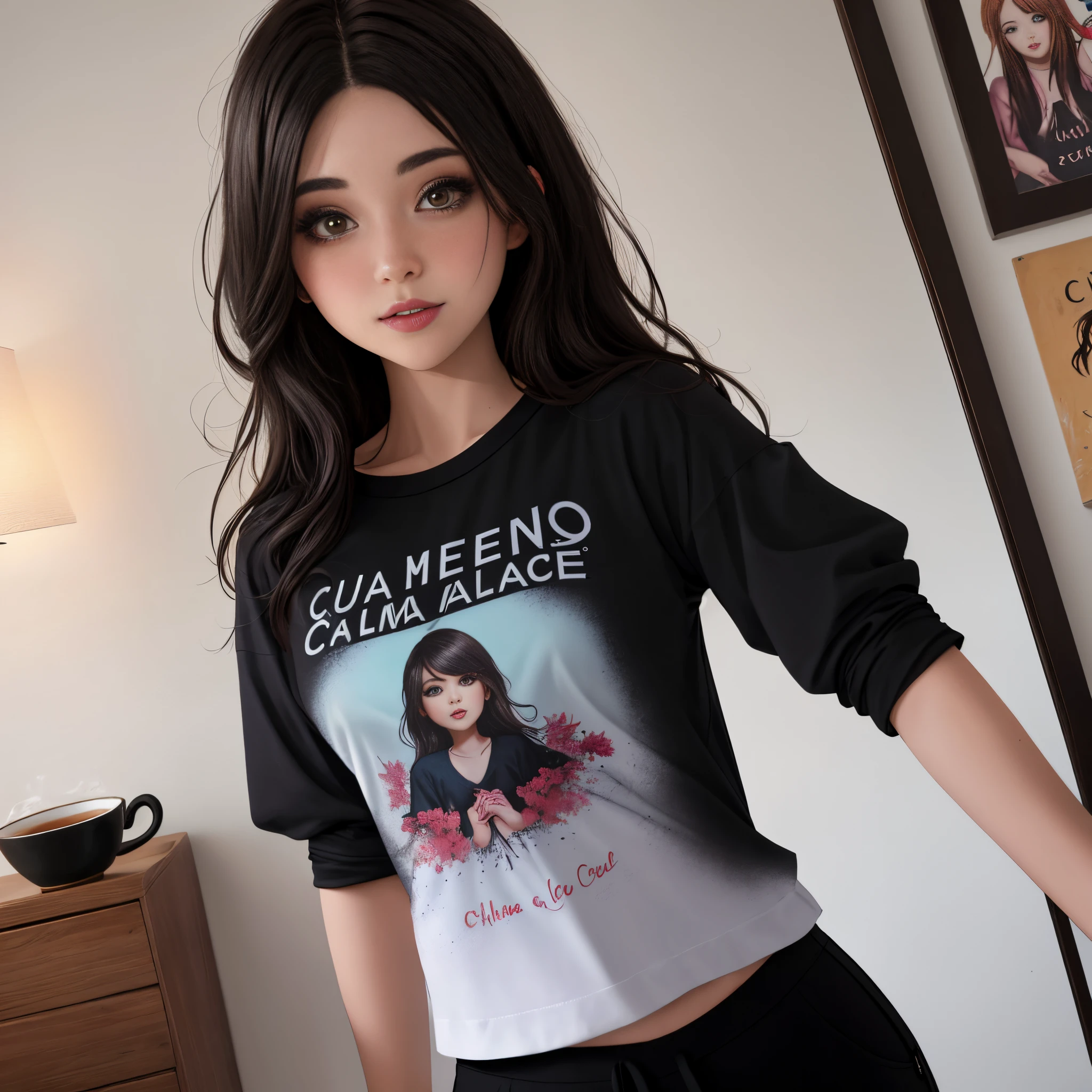 Quiero una chica realista, con ojos almendrados de color cafe, cabello largo ondulado, piel clara, con una blusa color rojo y un pantalon negro, mientras ella se saca una foto frente al espejo