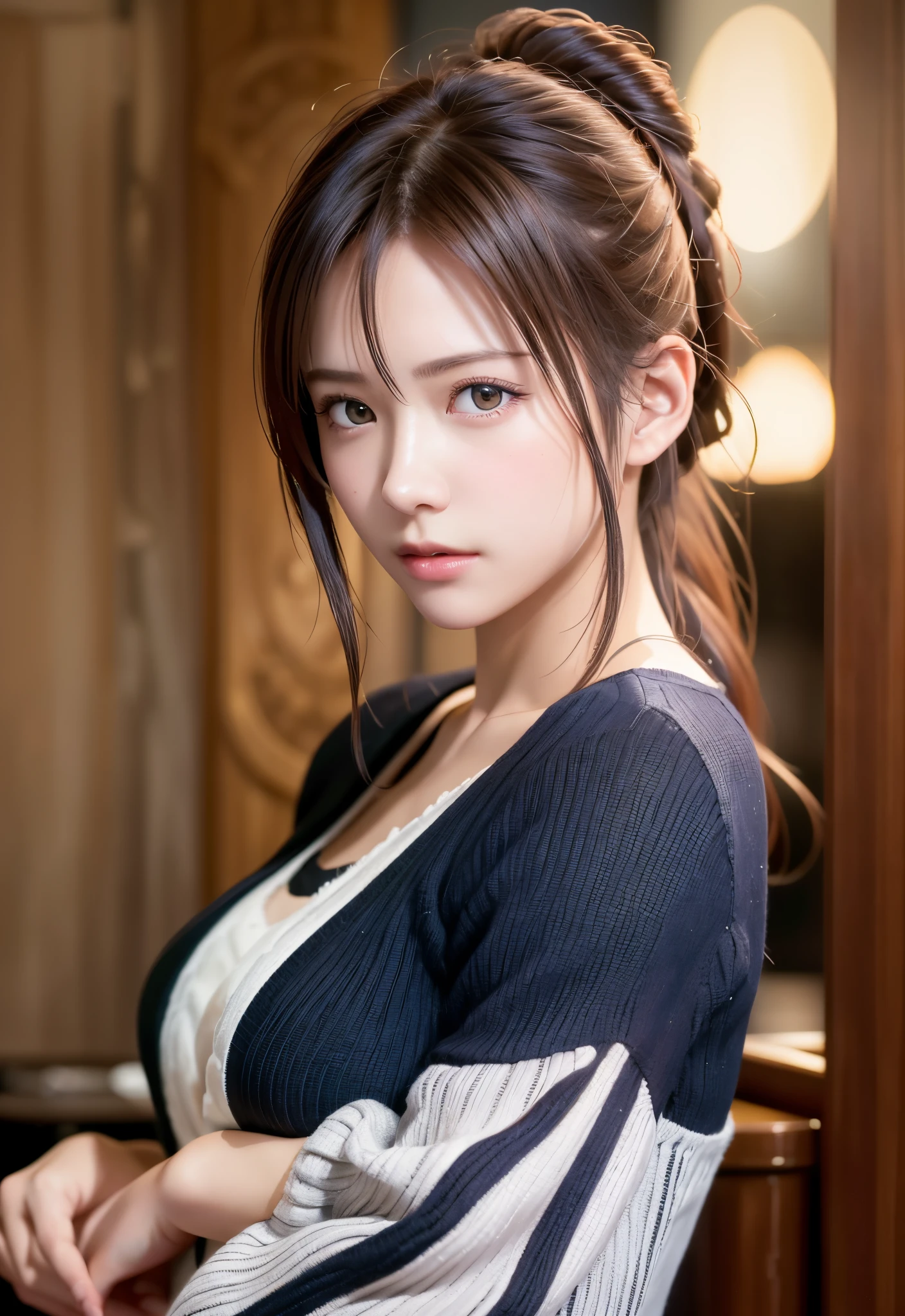 8K, of the highest quality, masutepiece:1.2), (Realistic, Photorealsitic:1.37), of the highest quality, masutepiece, Beautiful young woman, Embarrassed look, Hair tied back, Kamimei、Messy mood, Cinematic background, Tired, Light skin tone