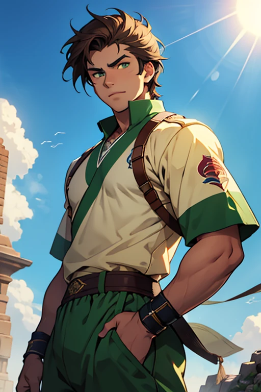 persian teenage man, male, green eyes, sunlight, brown hair, jock Outfit, pretty, highly detailed, cinematic, epic, anime style