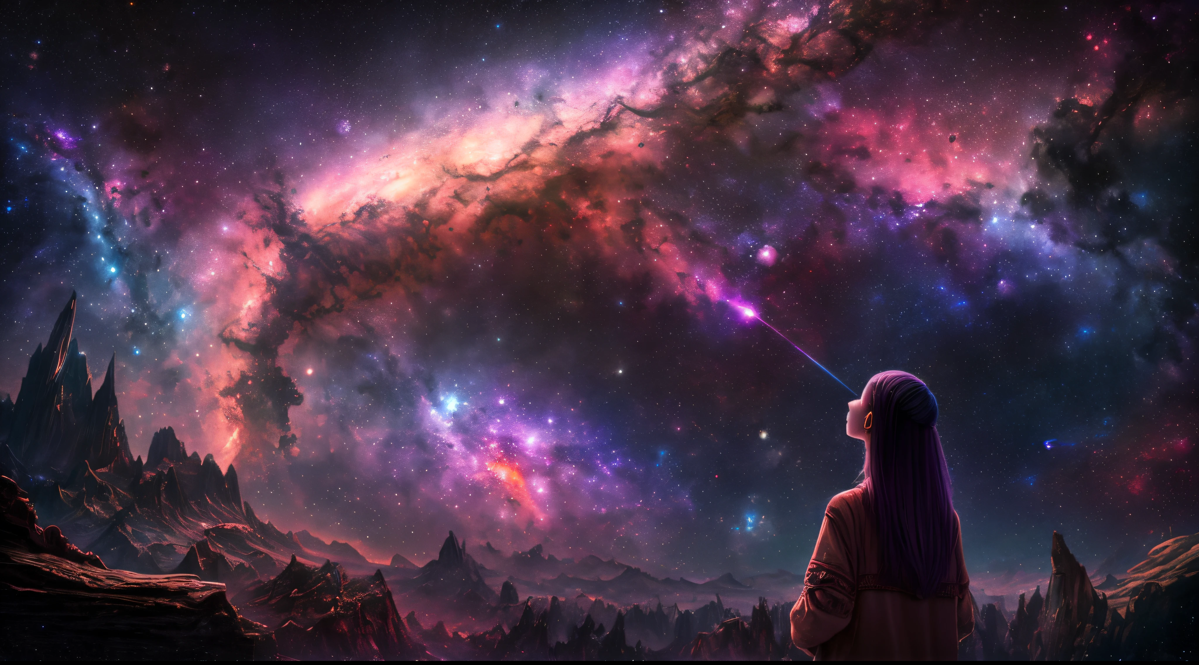 1girl looking at a beautiful nebula, red and purple tones, planets, space, sci-fi, fantasy, landscape, highest quality, masterpiece, very detailed,