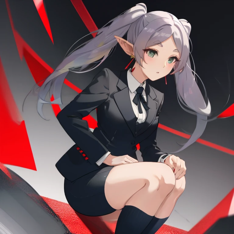 Frieren, twintails, earrings, thighs, sexy suit