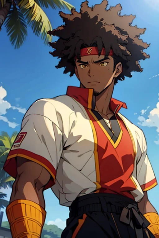 Afro-Latino man, male, yellow eyes, sunlight, afro brown hair, jock Outfit, pretty, highly detailed, cinematic, epic, anime style