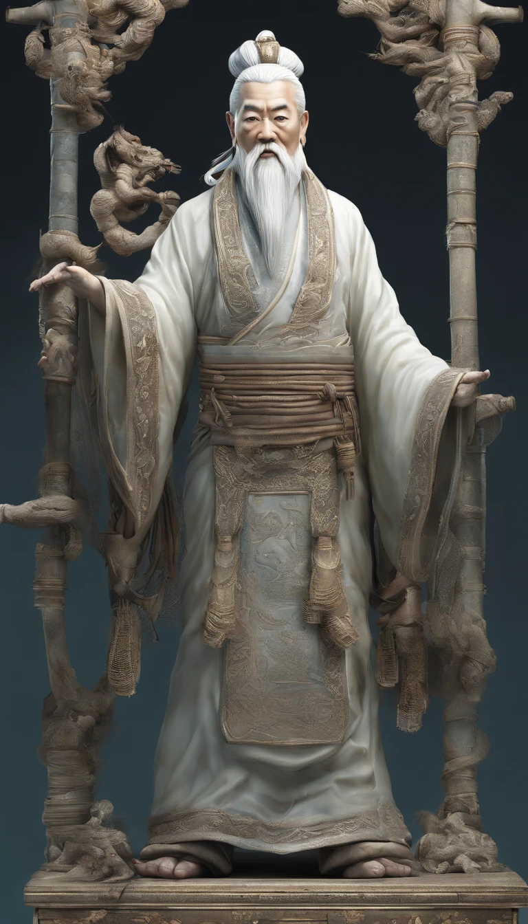Taoist god statue front portrait，Visual inspection of the audience，Immortal Wind Road Bone，White haired man。cyan blue background。hyper HD, retinas, tmasterpiece, Acura, Anatomically correct, Award-Awarded, high high quality, high detal, super detailing, ctextured skin, Best quality, A high resolution, 1080p, k hd, 4K, 8K, 16k。