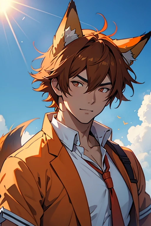 Asian man, male, orange eyes, sunlight, fox ears, orange-brown hair, school Outfit, pretty, highly detailed, cinematic, epic, anime style