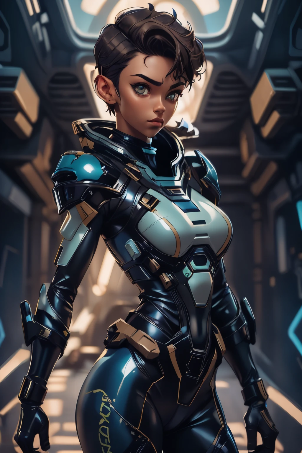 1 girl, (dark skin:1.3), brown hair, green eyes, light_brown_hair, short_hair, very short hair, messy_hair, starship pilot, blue outfit, blue clothes, large breasts