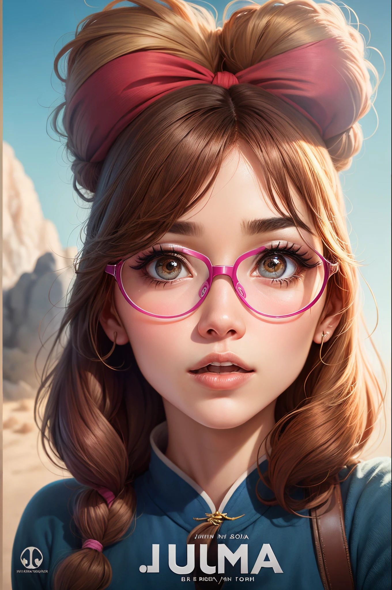 Pixar-style poster, de uma garota chinesa com cabelo liso comprido e preto, olhos pretos, white skin and pink glasses, with the title Julia