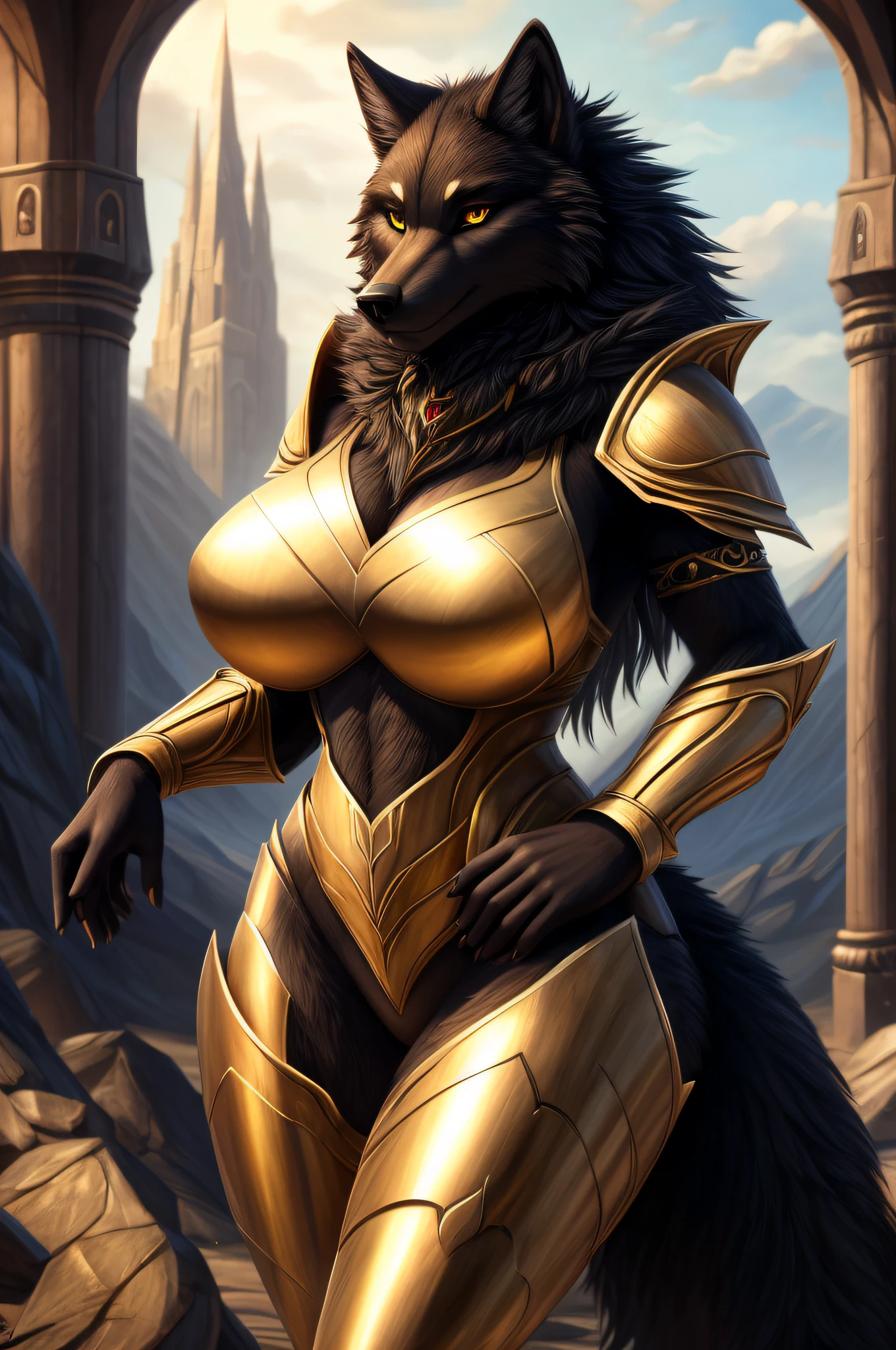 anthropomorphic wolf,full body,female,large breasts,wide hips,sexy,striking pose,seductive gaze,fantasy art style,(best quality,4k,8k,highres,masterpiece:1.2),alluring curves,detailed fur,black fur,armor, perfect eyes, yellow eyes