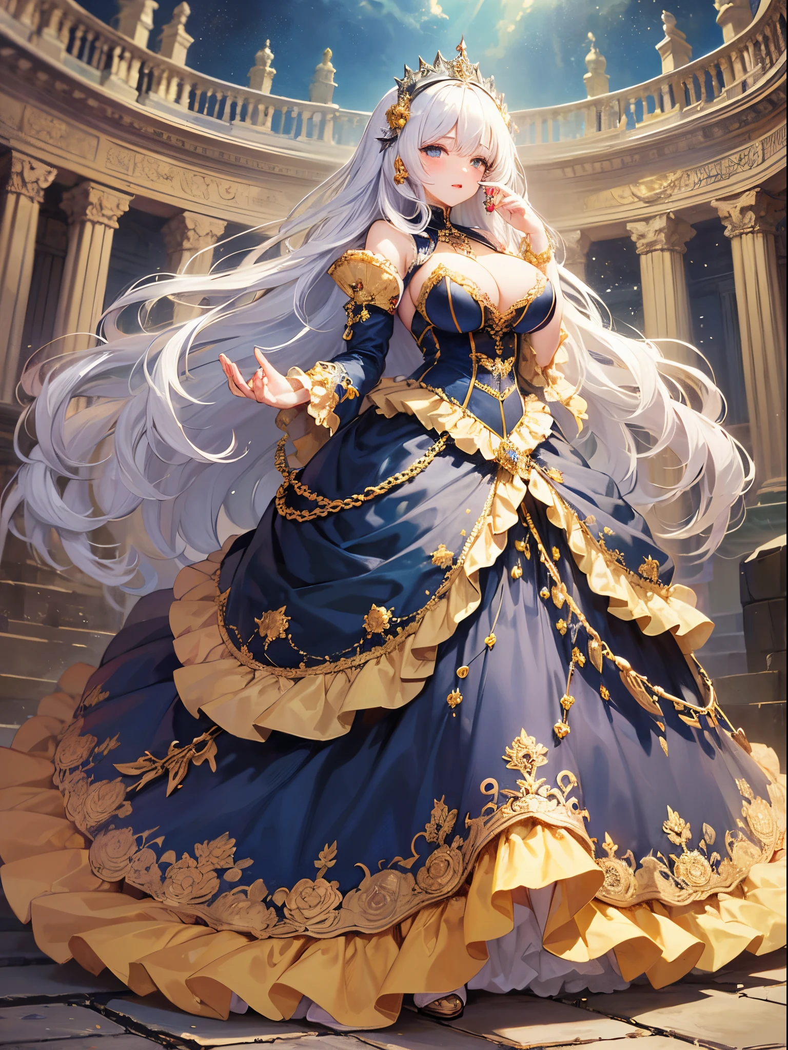 ultra-detailed, extremely detailed,((anime artstyle)),Masterpiece,(Best Quality),(Super Detail),(Very Delicate and Beautiful),((Solo)),((full body)),full body,((detailed face and eyes)),perfect eyes, rendered eyes,jewel-like beautiful eyes,((1 princess in beautiful embroidery and jeweled gorgeous rococo ballgown with frilled voluminous full length hoop skirt)),((Crinoline)),beautiful embroidery and jeweled gorgeous rococo ballgown with frilled voluminous full length hoop skirt,(large amount of straight hair,extremely voluminous Very Long straight Hair,Absolutely Long Straight Hair),sparkly skin,((very gigantic boobs)),Bursting breasts,cleavage,(fantasy castle,outdoors,outside the castle),long_gloves,extremely gorgeousfull jeweled hair ornament,(bling-bling extremely gorgeousfull jeweled tiara),(luxurious jewelry),full body,beautiful embroidery and jeweled gorgeous rococo ballgown with frilled voluminous full length hoop skirt