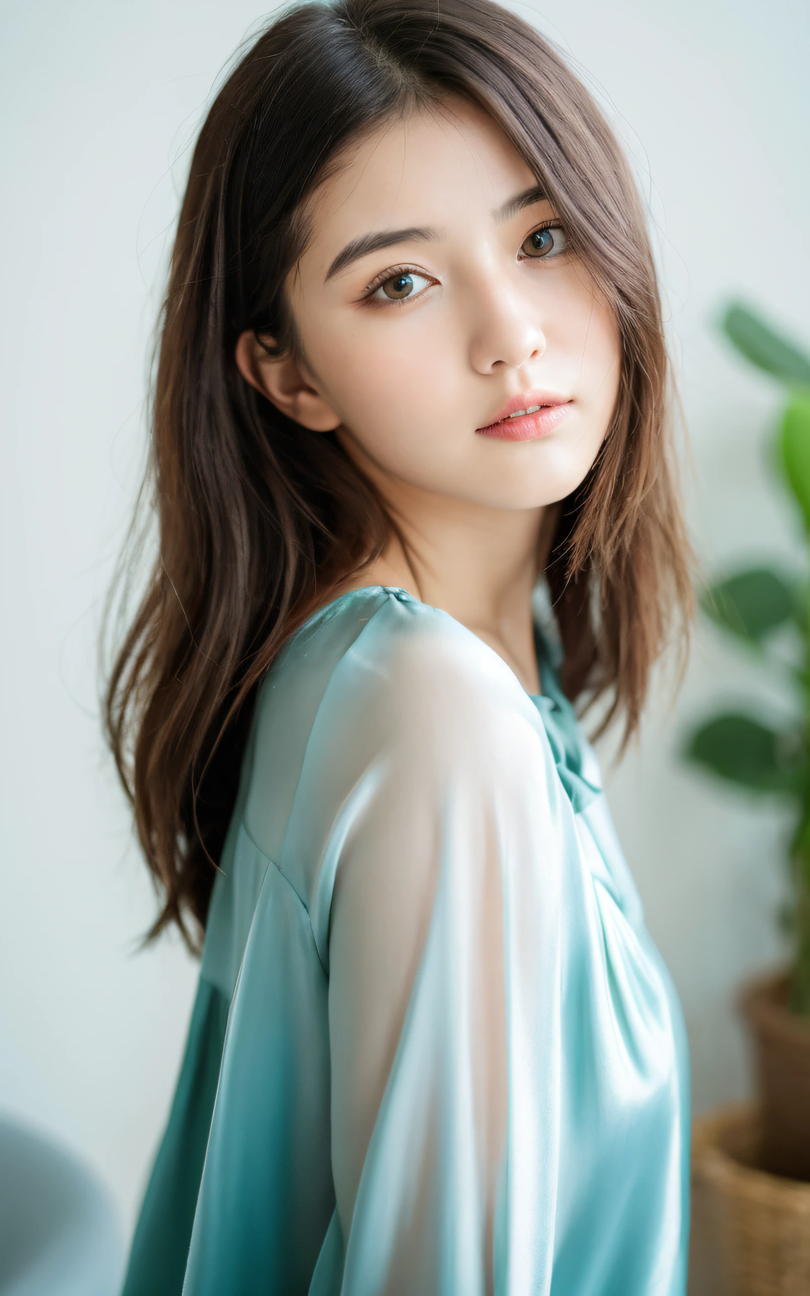 masterpiece, Best Quality, 8K, 1 girl, 20 yo, medium breast, cuddly, Solo, sad, Cute, Girly, Delicate girl, Neat and clean beauty, Raw photo, Professional Photography, Portrait, Soft light, Professional Lighting, Back lighting, Upper body, look forward to your eyes, Sophisticated, Film grain, (Eyes and faces with detailed:1.0), medium length floating hair, beautiful brown flowing hair, silk blouse