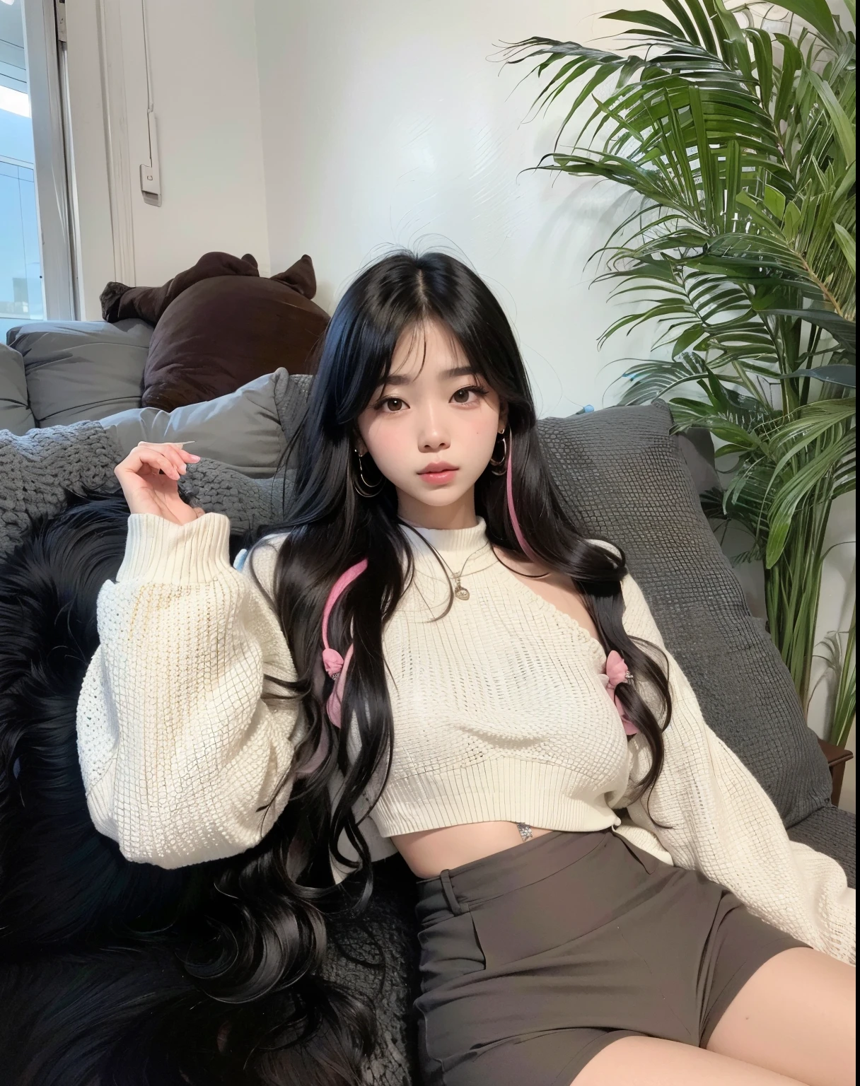 Araffe girl with long black hair sitting on a sofa, Ulzzang, com cabelos longos, Asian girl with long hair, linda mulher coreana jovem, menina coreana, cruel korean goth girl, com cabelos longos brancos, com longos cabelos escuros, com longos cabelos pretos, cabelos longos com franja, cabelo de duas cores, mulher coreana jovem bonita, whitebangscabelo negro