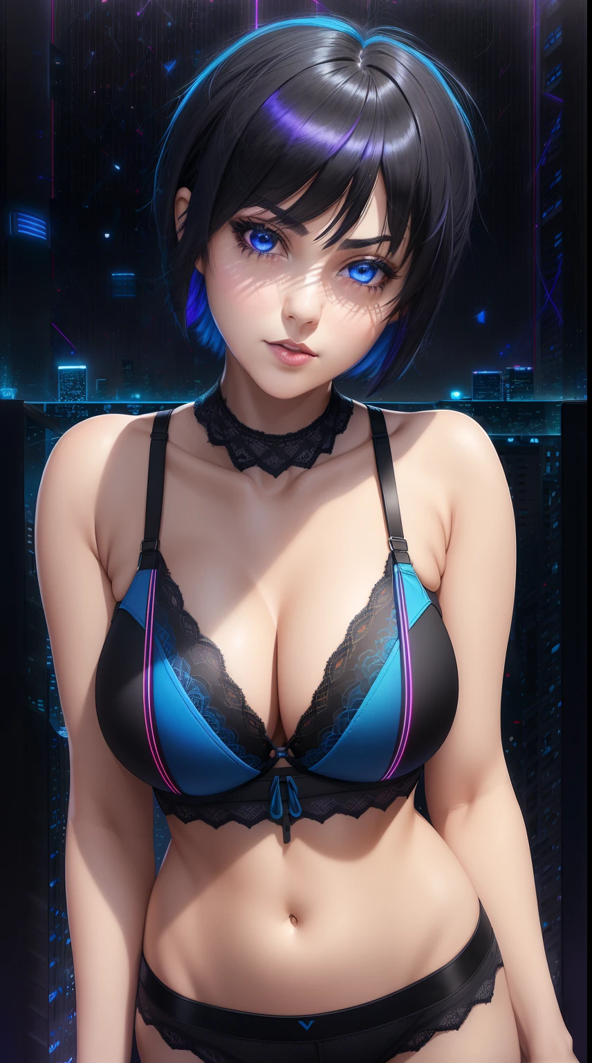 25-year-old female, full bodyesbian, AS-Adult, dark blue watercolor eyes, bright neon, black bob short hair, strip club clothing, Lace lingerie big breasts, serius face, realistic face resolution, actual, object resolution, (Dark city night black background:1.4)