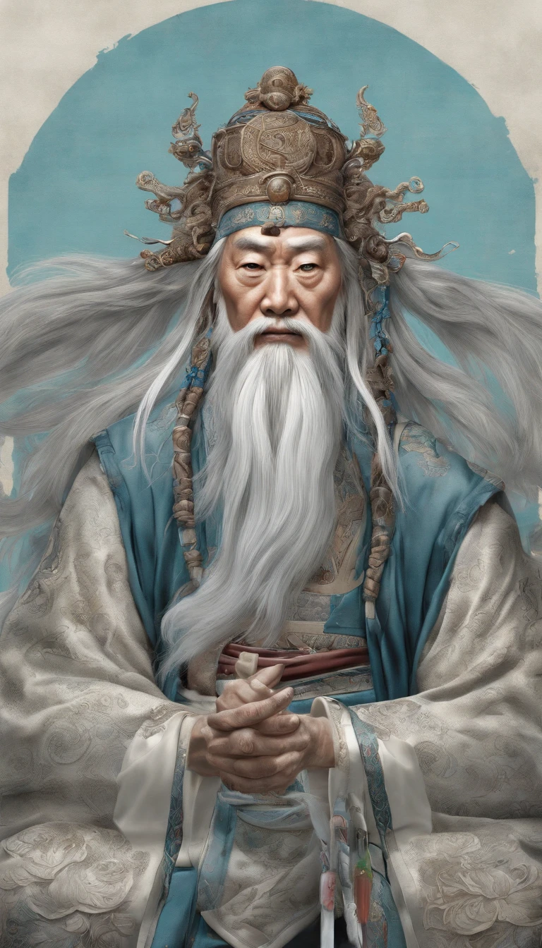 chinese paintings;ink portrait,Taoist deity front portrait,Visual inspection of the audience,Immortal Wind Road Bone,White haired man。cyan blue background。hyper HD, retinas, tmasterpiece, Acura, Anatomically correct, Award-Awarded, high high quality, high detal, super detailing, ctextured skin, Best quality, A high resolution, 1080p, k hd, 4K, 8K, 16k。