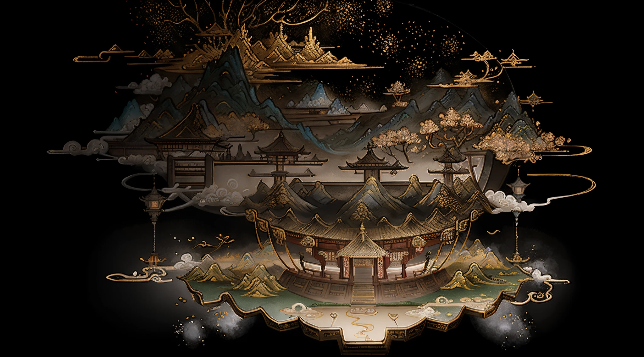 An ancient Chinese painting， minimalistic background，mid-autumn festival，Auspicious clouds，Pavilions，tmasterpiece，super detailing， Epic composition， hyper HD， high qulity， extremely detaile， offcial art，8k wallpaper，super detailing，32k -- v 6