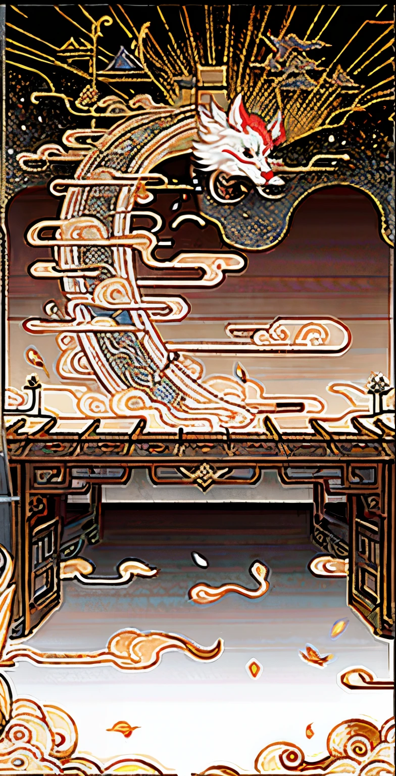 An ancient Chinese painting,Fox pattern,White fox,Nine Tails, ancient chinese background, mountain ranges, rios, Auspicious clouds, Pavilions, rays of sunshine, tmasterpiece, super detailing, Epic composition, hyper HD, high qulity, extremely detaile, offcial art, 统一 8k 壁纸, super detailing, 32k -- v 6