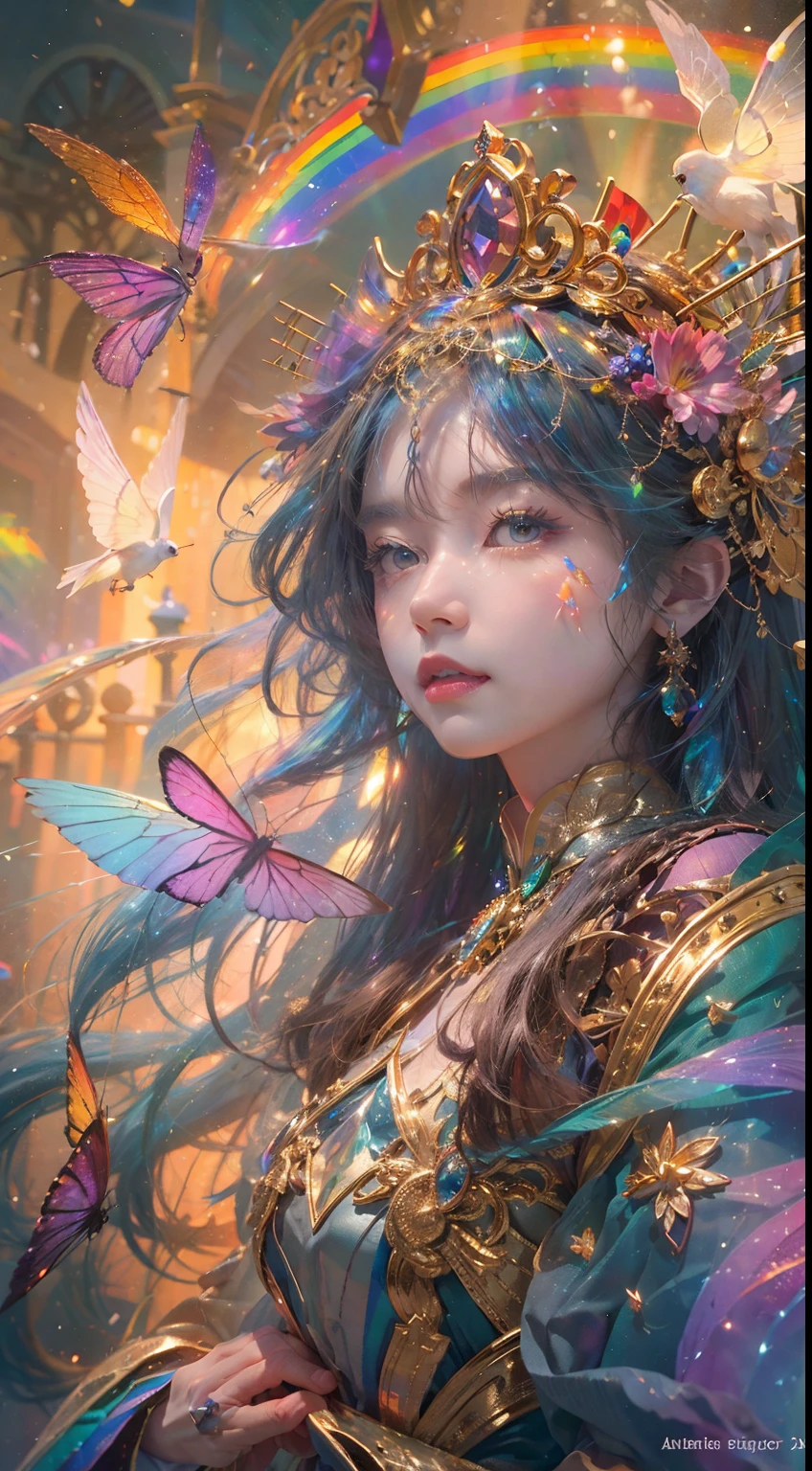 (((tmasterpiece))), (((Best quality at best))), ((ultra - detailed)),(Highly detailed CG illustration), ((Extremely Delicately Beautiful)),电影lamplight, Imitate the styles of currently popular masters of the genre,Create stunning works of fantasy art. The artwork should contain elements of mythological fantasy and fairy tale fantasy,and comes in dreamy rainbow colors. ((Use the rainbow as the primary color scheme.)) The character in the work is a delicate and strong petite figure,Full of mystery and magic, (Beautiful translucent rainbow wings). Pay close attention to intricate facial features, Such as vibrant colors and bold shadows for captivating eyes. The character's costume should be designed with tulle feathers, silkouette, Amazing embroidery, and subtle iridescent details. An icon that contains a (((Translucent rainbow))), dream colors, 动态照明, and detailed background elements create a sense of awe and immersion. Includes colorful flying magic birds and jewel-toned rainbow butterflies with magical auras. Consider the latest trends in fantasy art, For example, incorporating unique lighting effects, Discover dynamic and eye-catching composition techniques, And try a unique color palette. Get inspired by top artists on ArtStation and Midjourney. cameras: Choose an angle that highlights the beauty of the figure and enhances the magical majesty of the work of art. lamplight: Leverage atmospheric lighting techniques to create depth and mood. settle: Aim for high-resolution artwork,Demonstrate intricate detail and clarity. Artistic inspiration: Find inspiration from popular artists on ArtStation, Explore different styles, genre, and the theme.
