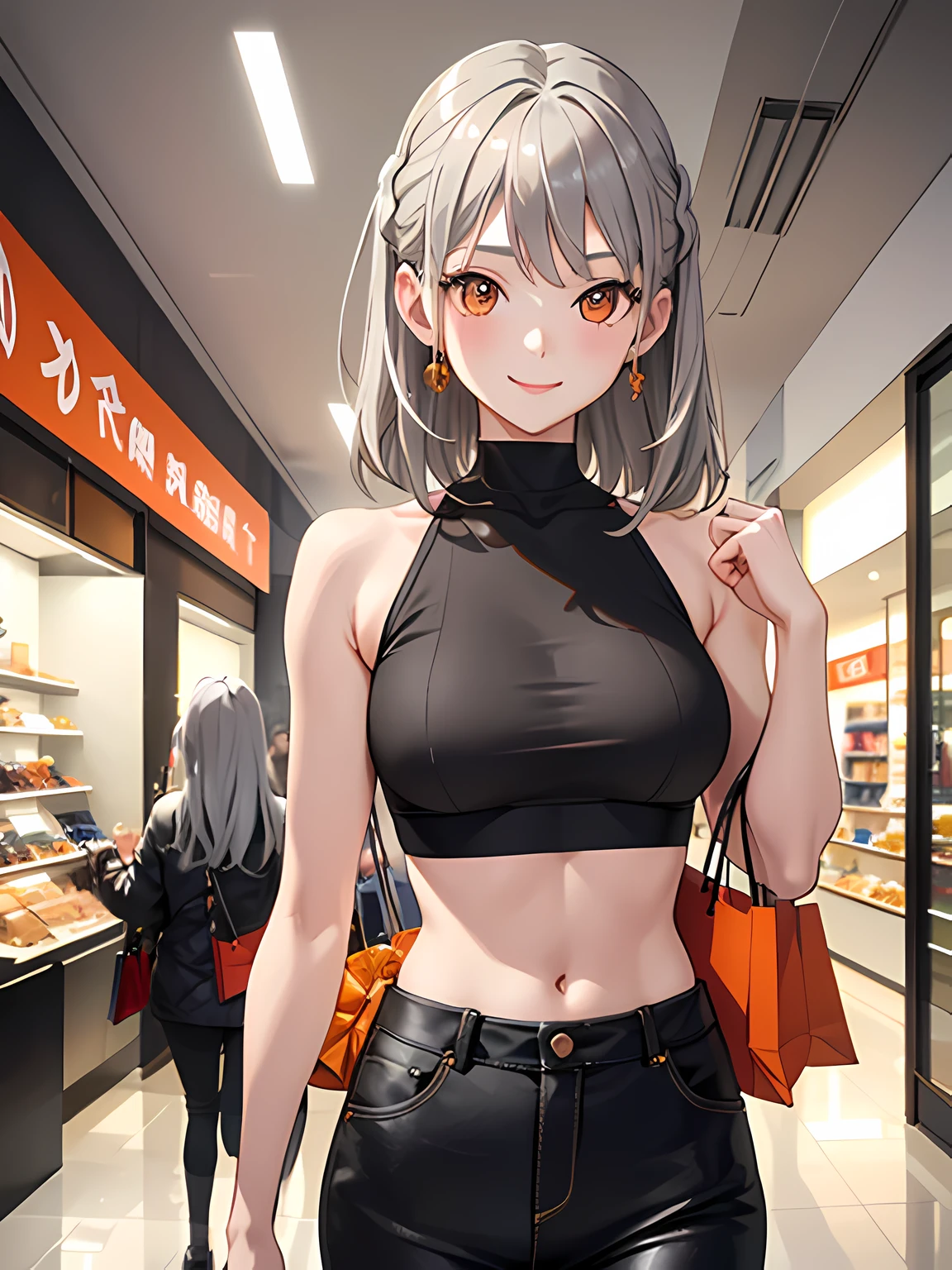 Anime girl in black top and black pants walking down a mall - SeaArt AI