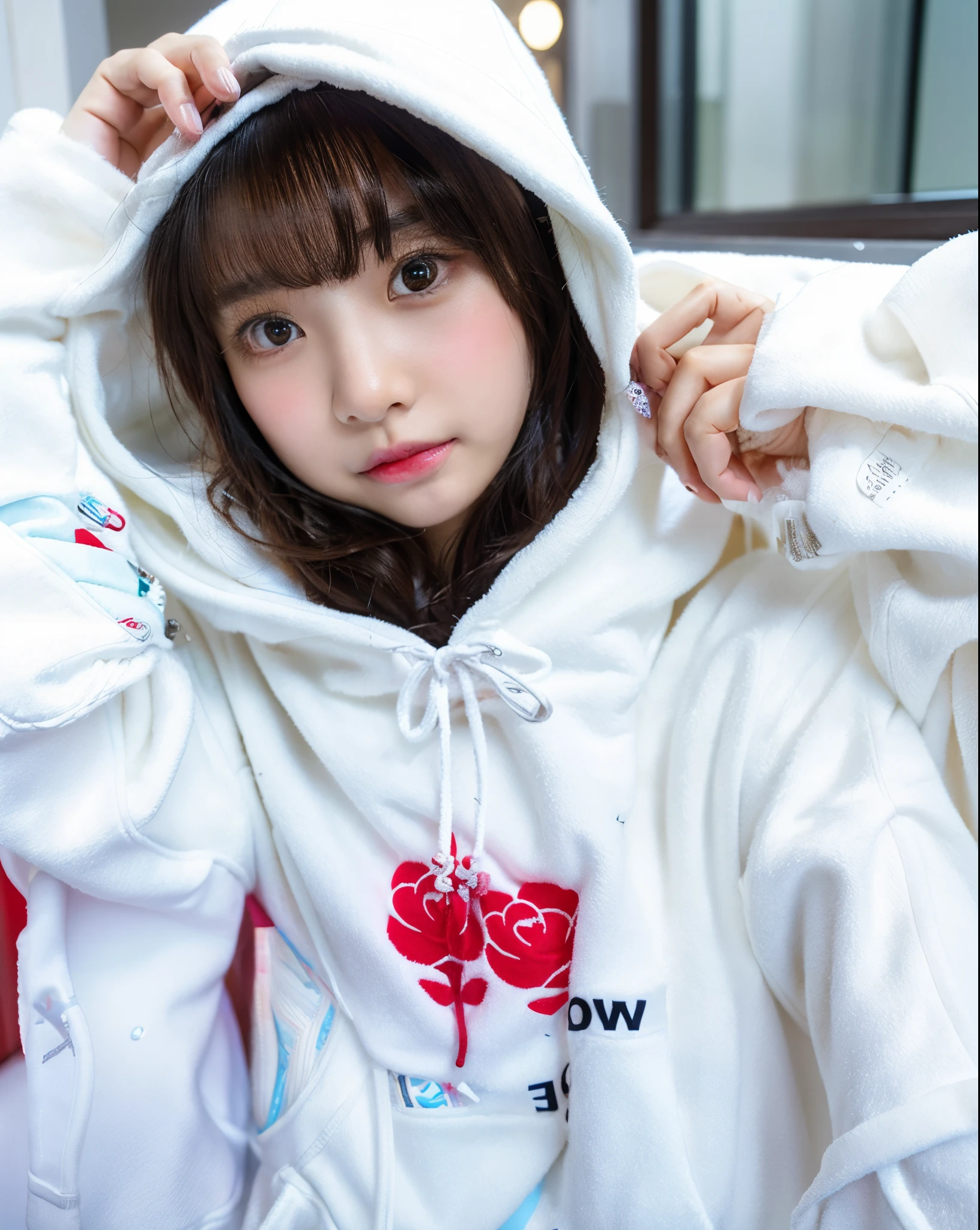 Asian girl Arafed in white hoodie posing for photo, ulzzangs, cute kawaii girl, girl wearing hoodie, wan adorable korean face, guweiz, ruan cute vtuber, kawaii realistic portrait, e-Girl, e - girl, very beautiful cute catgirl, sakimichan, Larisa Manobal, uwu