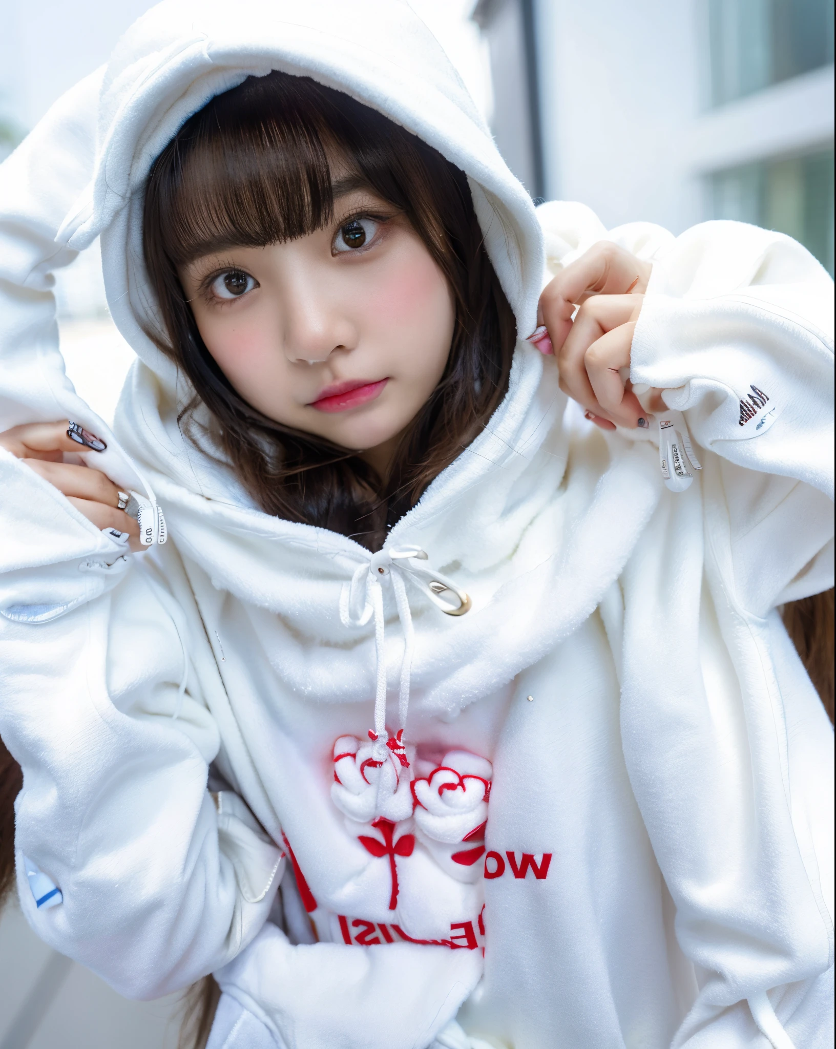 Asian girl Arafed in white hoodie posing for photo, ulzzangs, cute kawaii girl, girl wearing hoodie, wan adorable korean face, guweiz, ruan cute vtuber, kawaii realistic portrait, e-Girl, e - girl, very beautiful cute catgirl, sakimichan, Larisa Manobal, uwu