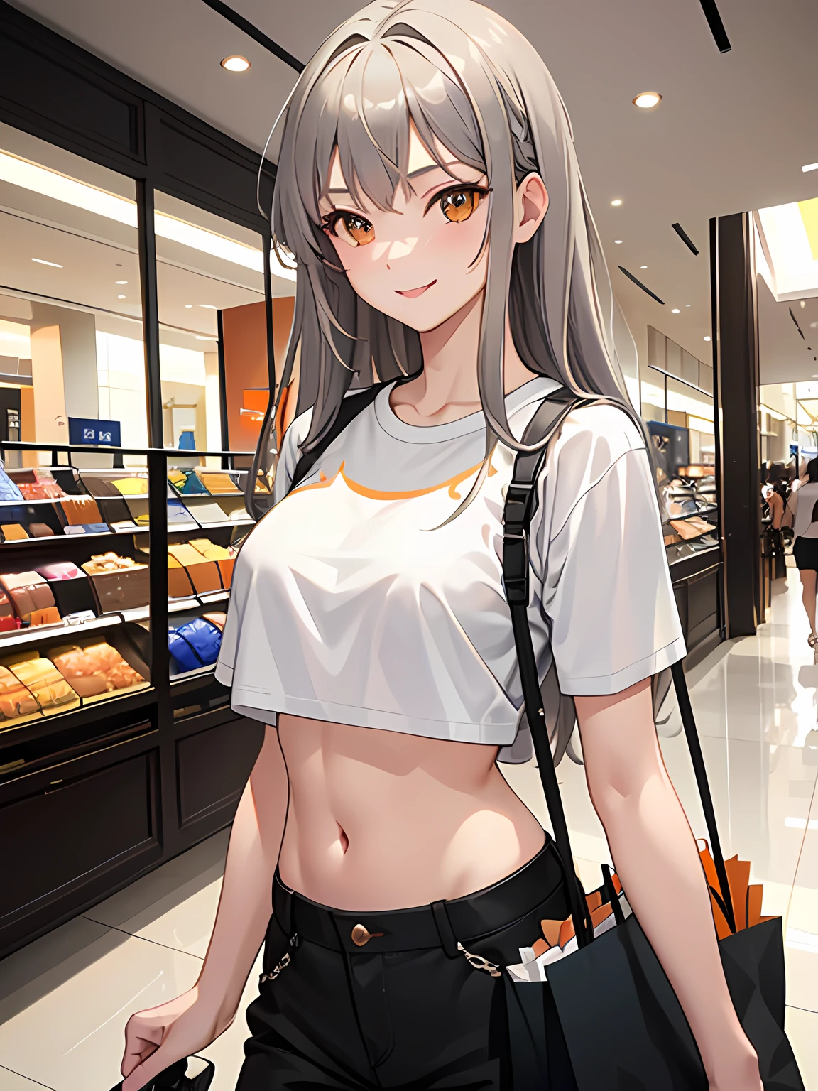 masterpiece, best quality, 1 girl, gray hair, orange eyes, t shirt, midriff, walking, looking around, indoors, (shopping mall), (upper body:1.1), smile